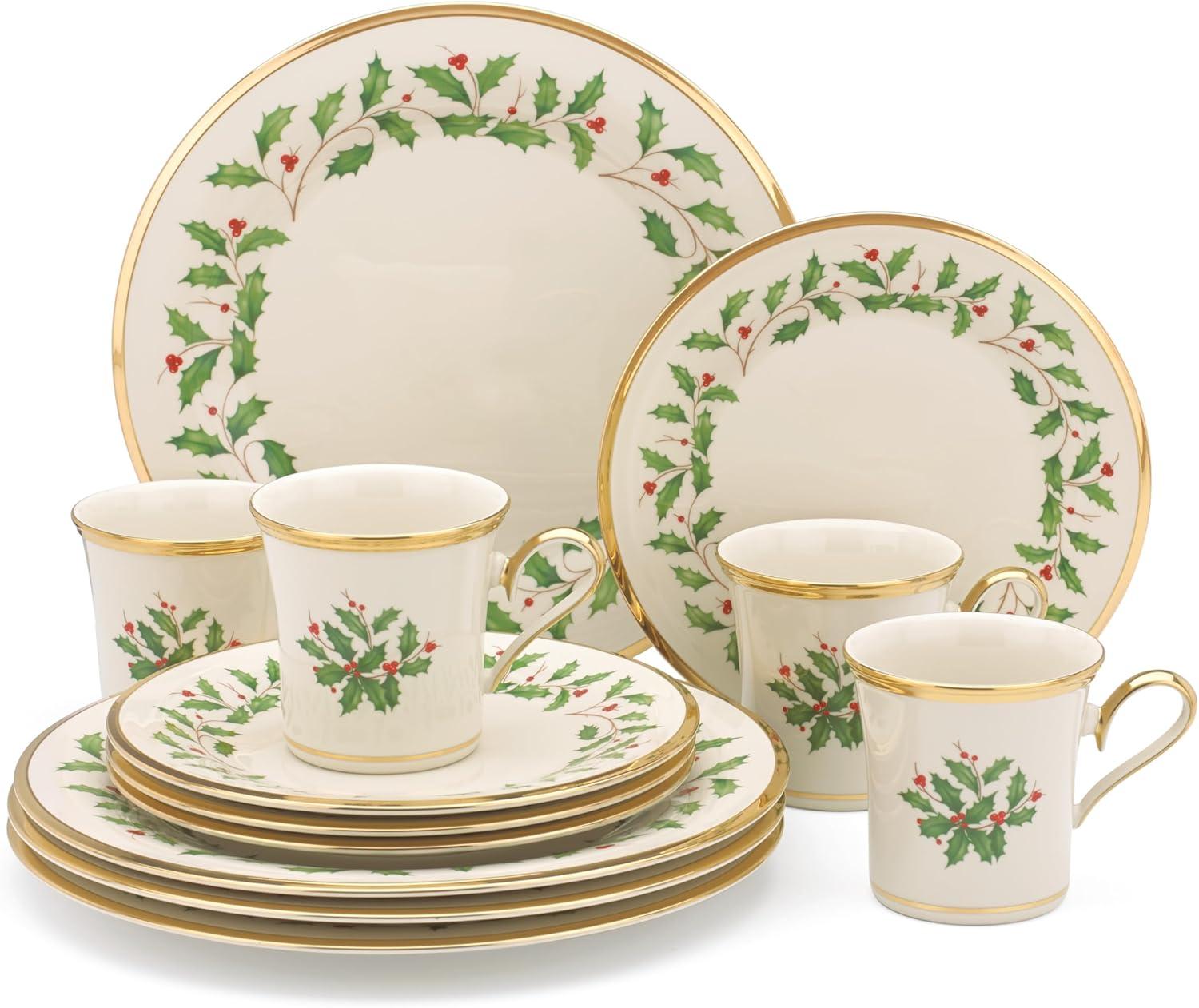 Lenox Holiday 12-Piece Holly & Berry Plate & Mug Set, Porcelain, Service for 4