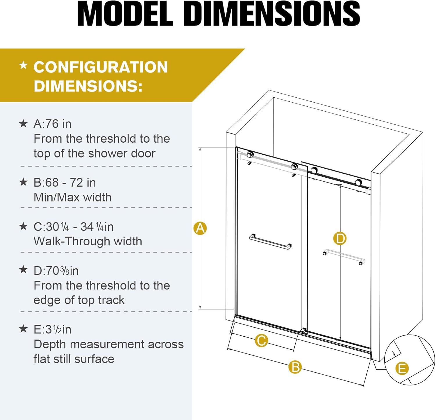 68-72"W X 76" H Double Sliding Soft-Closing Shower Door with 3/8" (10 mm) Tempered Glass