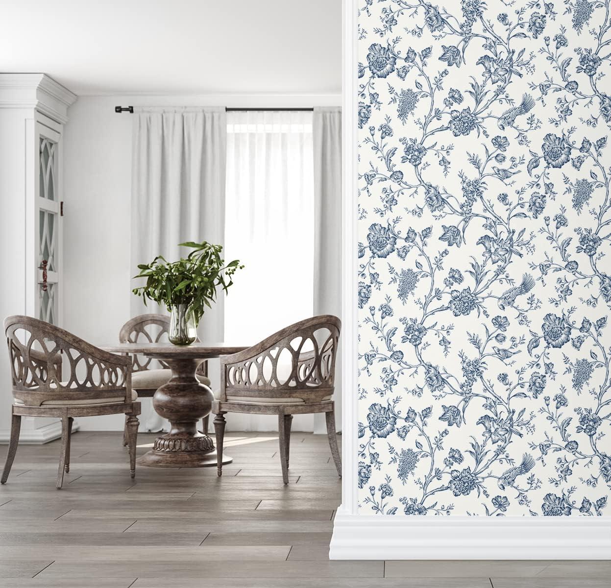 NextWall Navy Blue Jasmine Chinoiserie Peel and Stick Wallpaper