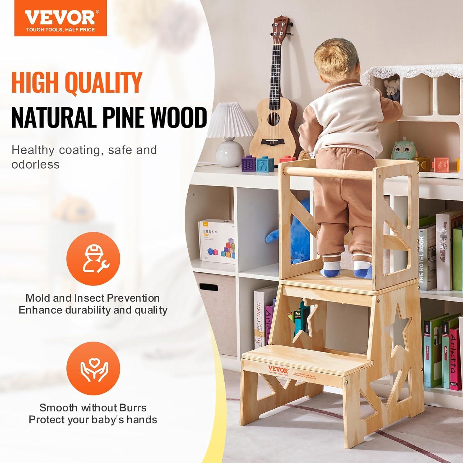 Toddler Step Stool 150lbs. Load Natural Pine Wood Toddler Stool Helper with Safety Rail for Bedroom Bathroom Kitchen Kid