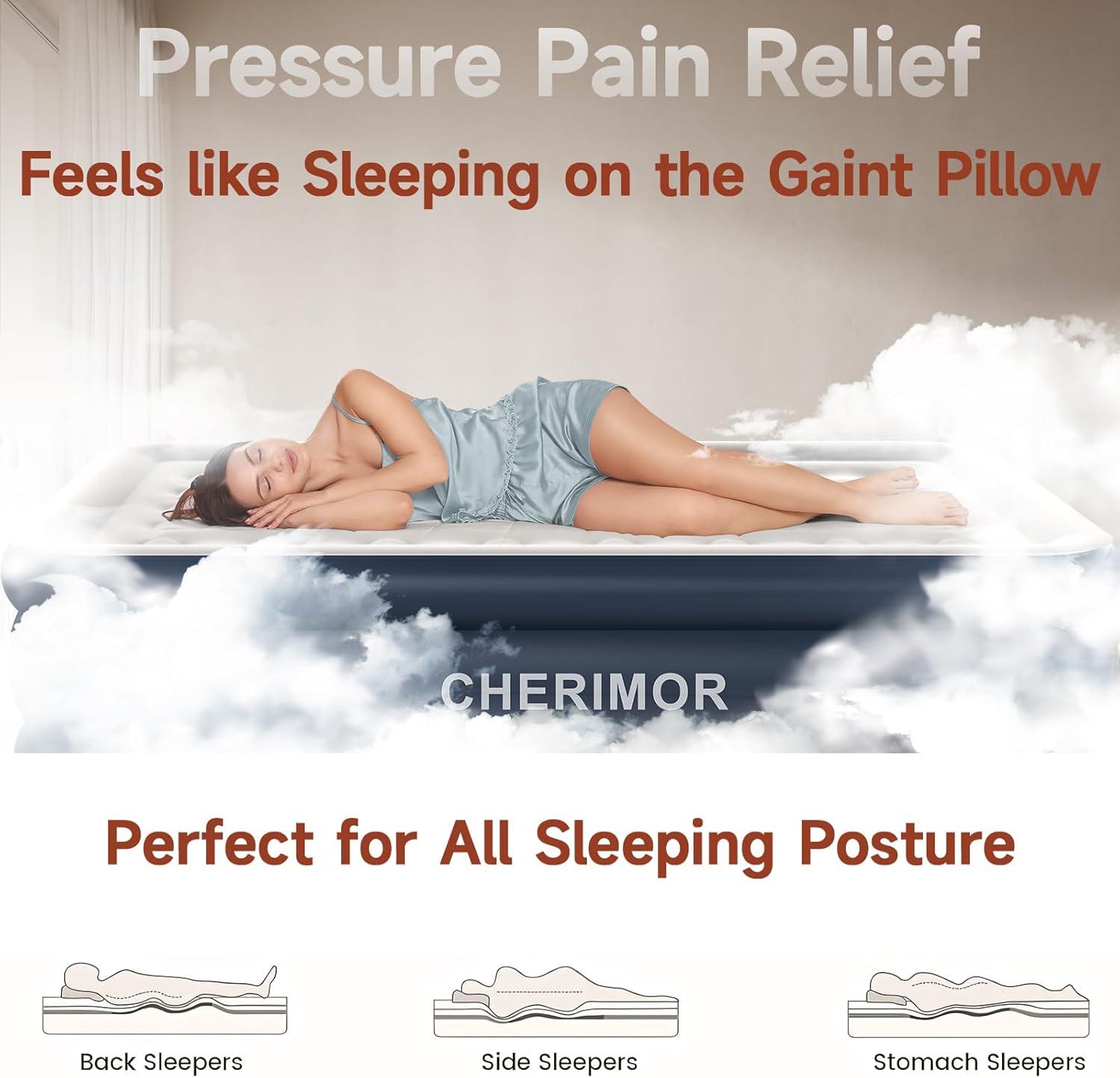 California King Size Navy and White Raised Air Mattress with Built-in Pump
