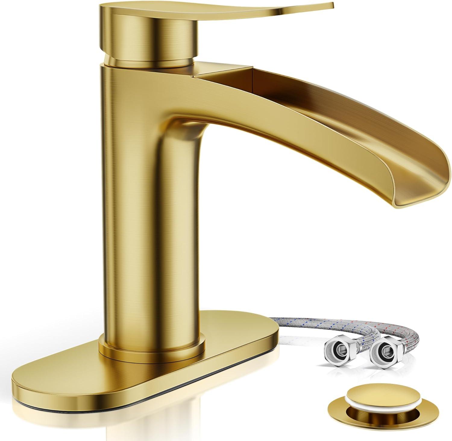 Waterfall Bathroom Sink Faucet Single Handle, with 4-Inch Deck Plate & Metal Pop Up Drain Assembly by phiestina Gold