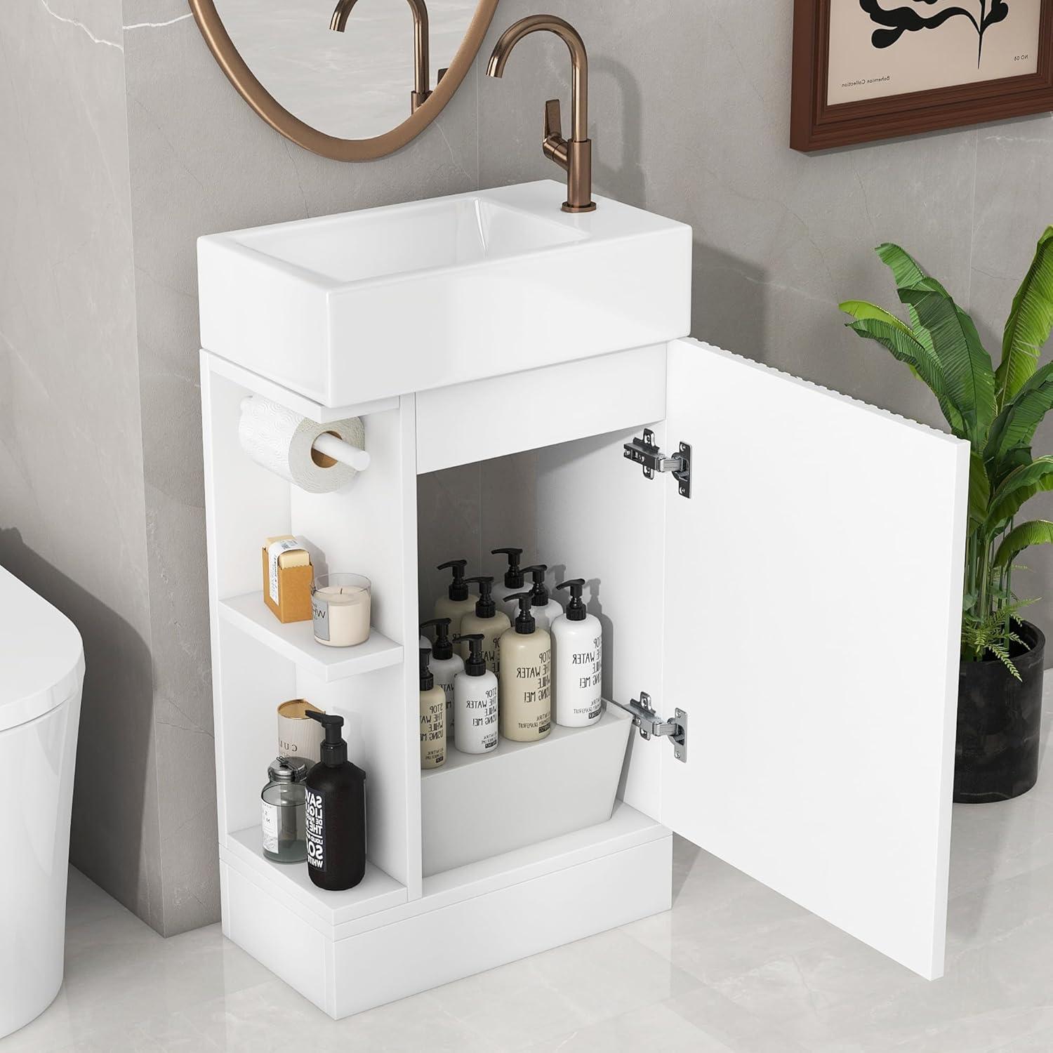 Bathroom Vanity with Sink, Modern Floor-Standing Small Bathroom Vanity with 2-Tier Shelf and Toilet Paper Holder, Batheroom Sink Cabinet with MDF Board for Batheroom