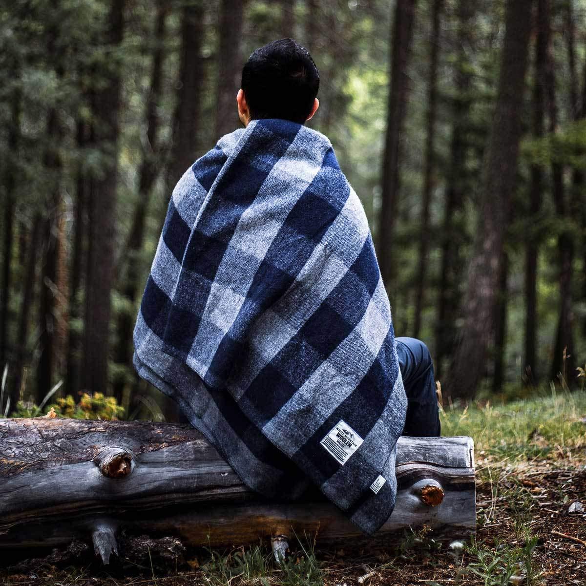 Minus33 Merino Wool M33 - Camp Throw Blanket White Mountain Woolen Gray and Blue Plaid