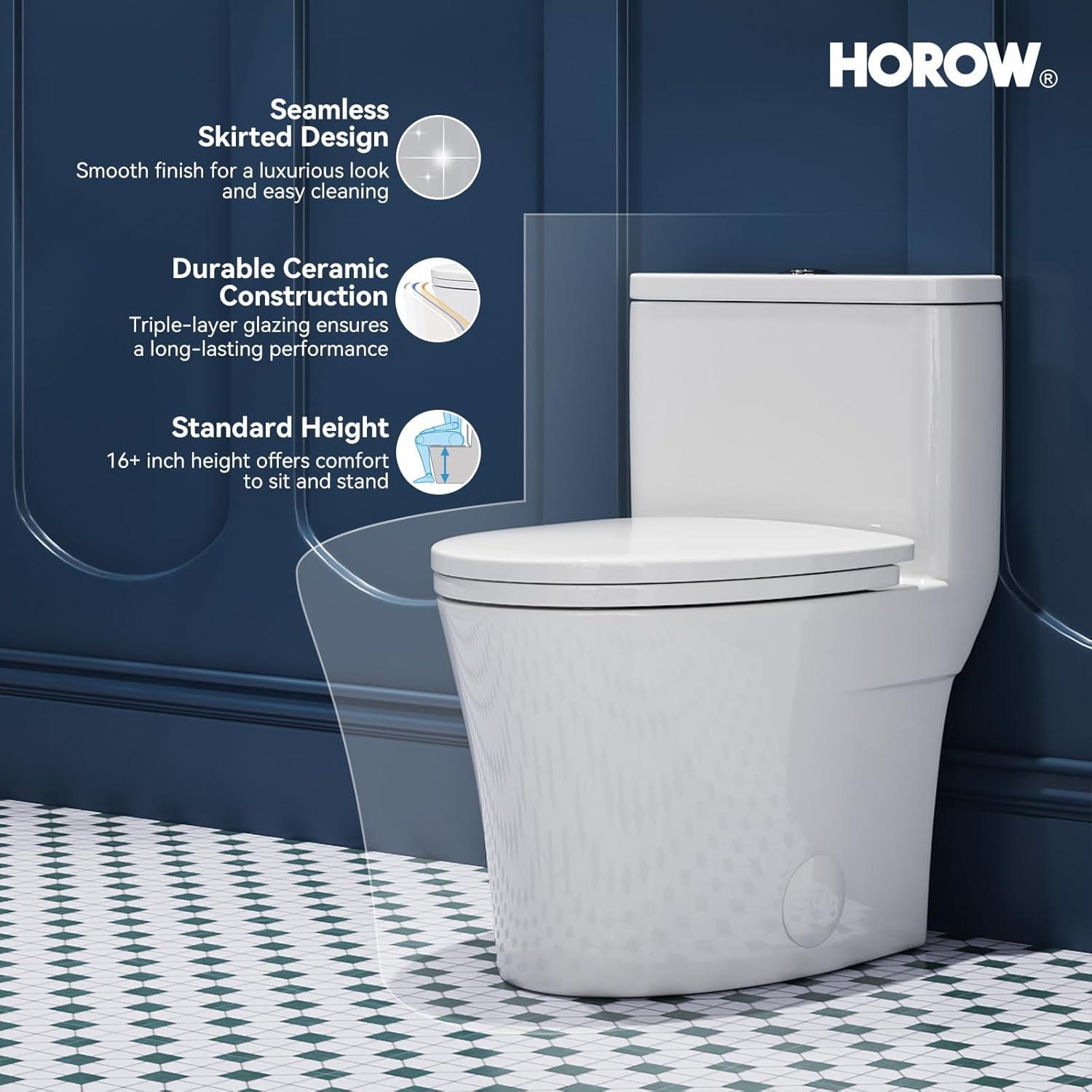 Elongated One-Piece Toilet, Compact Toilet with Soft-Close Seat, 1.1/1.6 GPF Powerful Dual-Flush Toilet for Bathroom