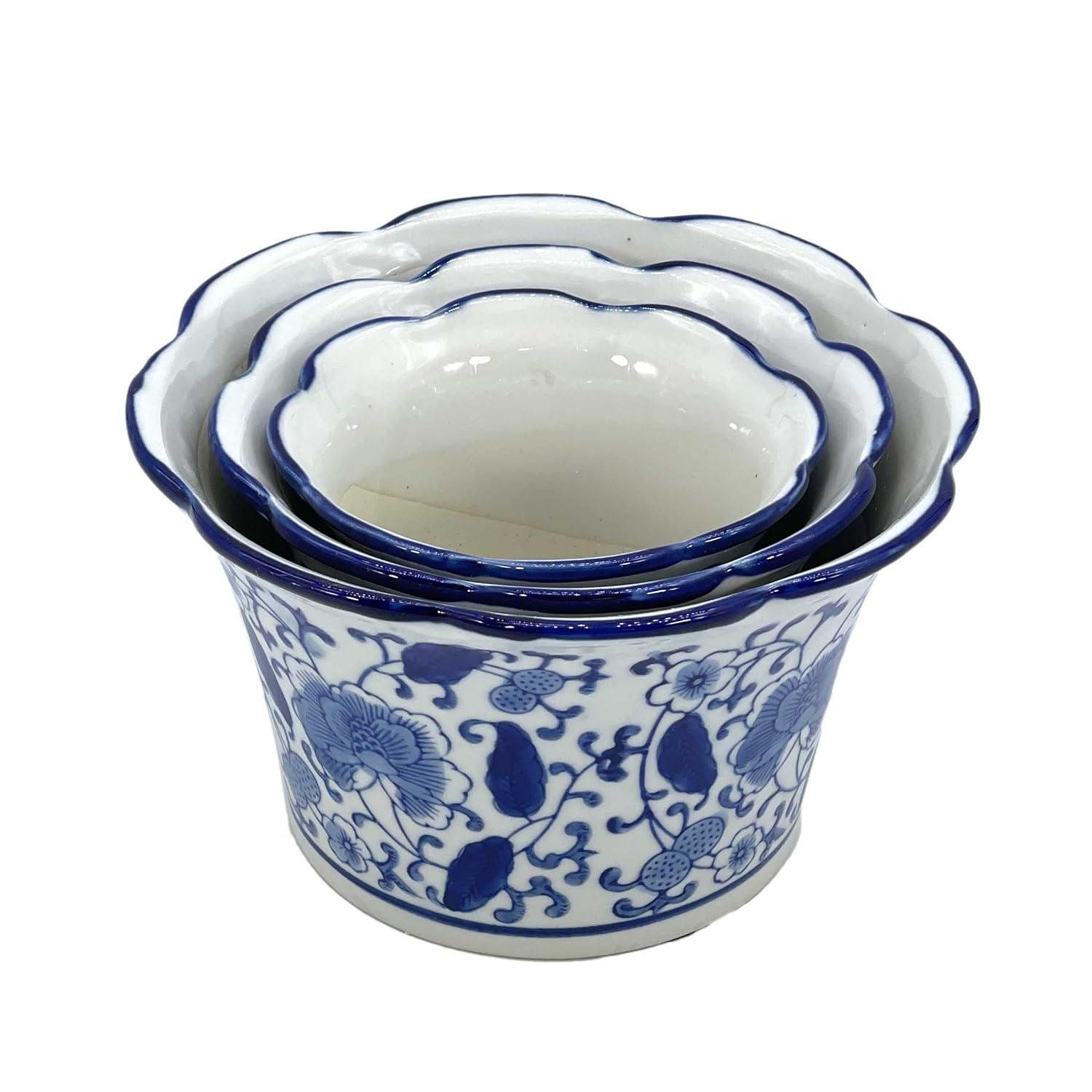 Galt International Blue & White Floral Porcelain Ceramic Decorative Flower Pot 8"/6"/4.5" Garden Pots Chinese Asian Design - Set of 3 Cylinder Fluted Edge