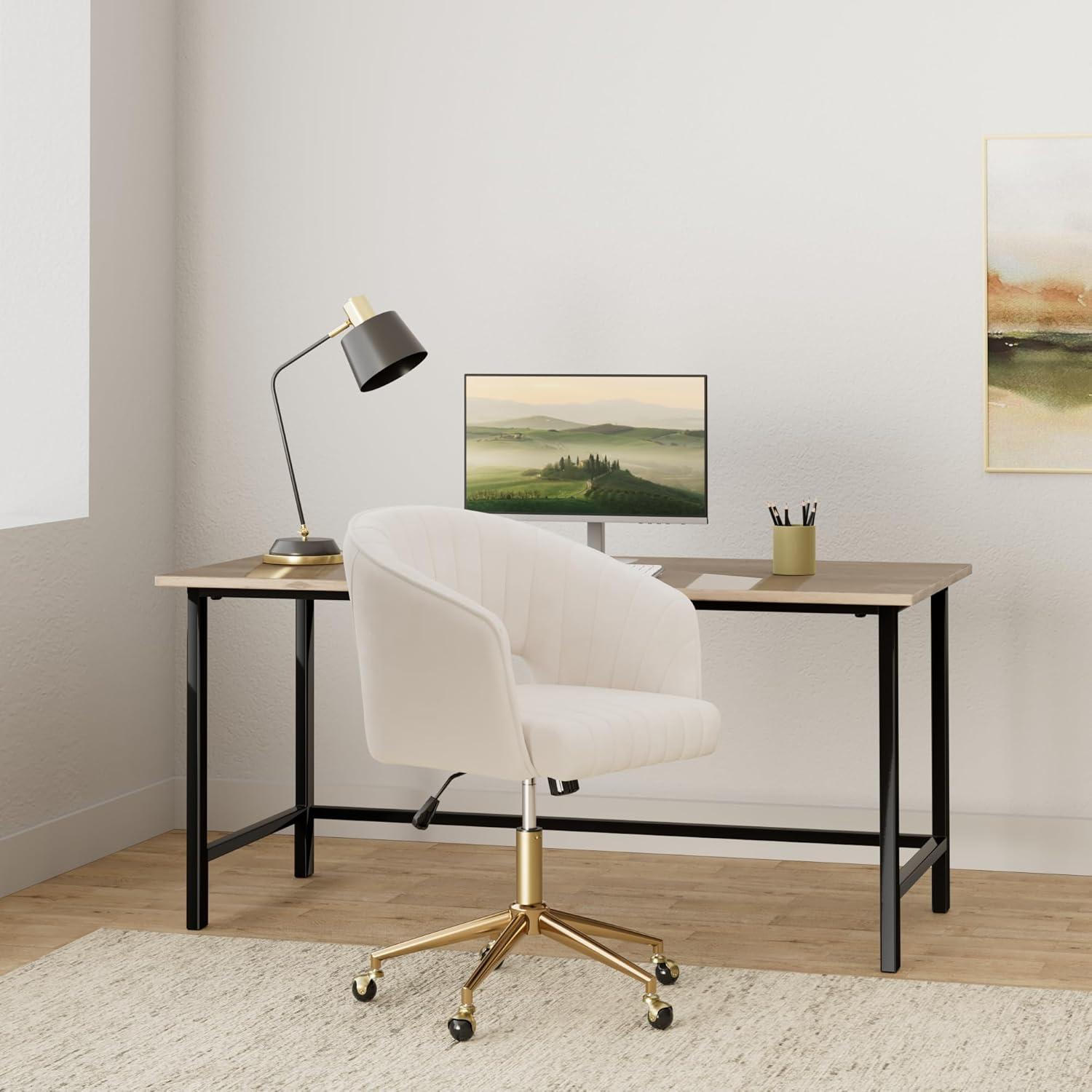 Westice Home Office Desk Chairs, Velvet Task Chair, Height Adjustable Swivel Vanity Chair with Golden Base for Vanity Study, Living Room Computer Room, Beige