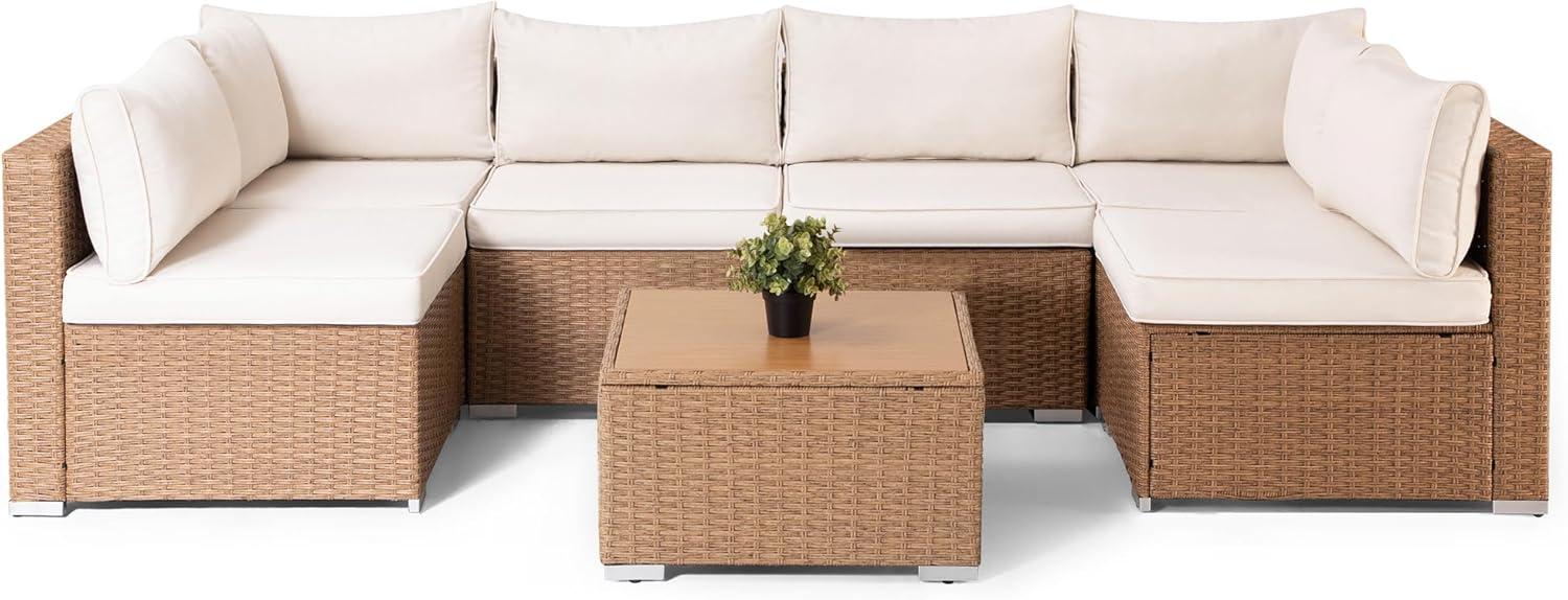 LAUSAINT HOME 7 Pieces Patio Conversation Set, Outdoor Sectionals with 6 Chairs and 1 Coffee Table, Beige Cushions & Brown Wicker