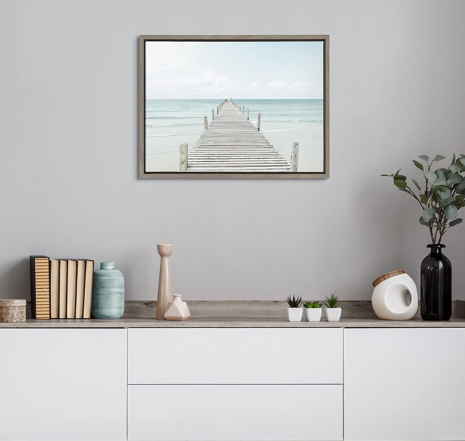 Kate and Laurel Sylvie Wooden Pier on Beach Framed Canvas by Amy Peterson Art Studio, 18x24, Gray