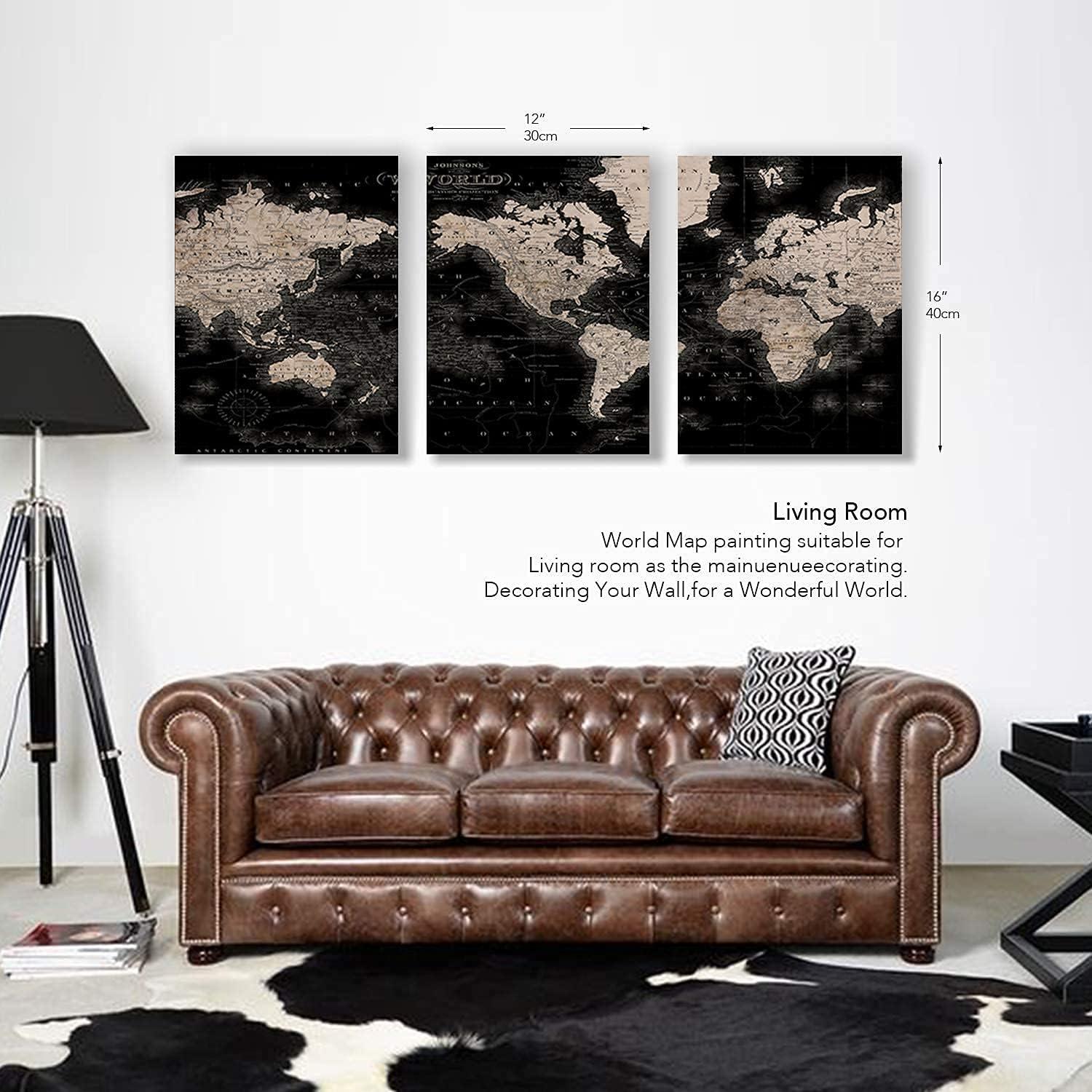 Vintage World Map Canvas Wall Art Retro Map of The World Canvas Prints Framed and Stretched for Living Room Ready to Hang 12x16 3 Piece