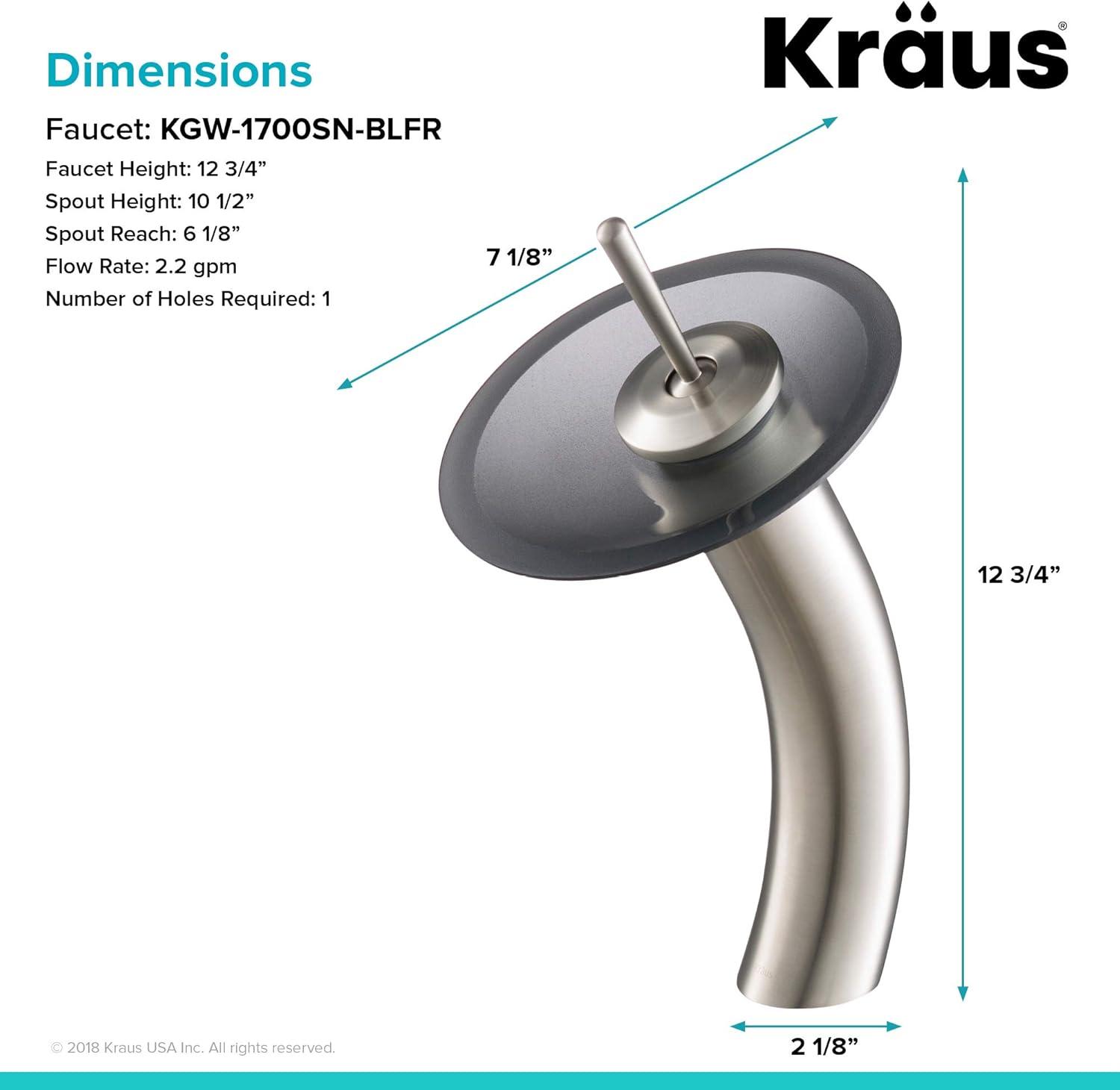 KRAUS Tall Waterfall Bathroom Faucet for Vessel Sink with Frosted Black Glass Disk, Satin Nickel Finish