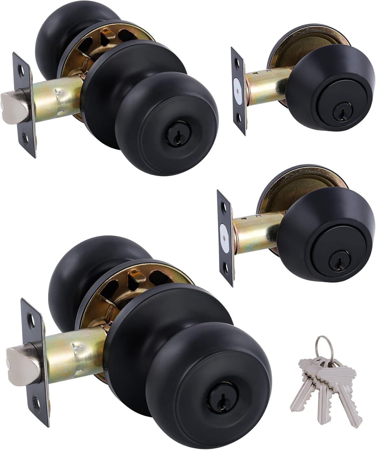 Matte Black Alloy Steel Round Door Knob Set with Deadbolt