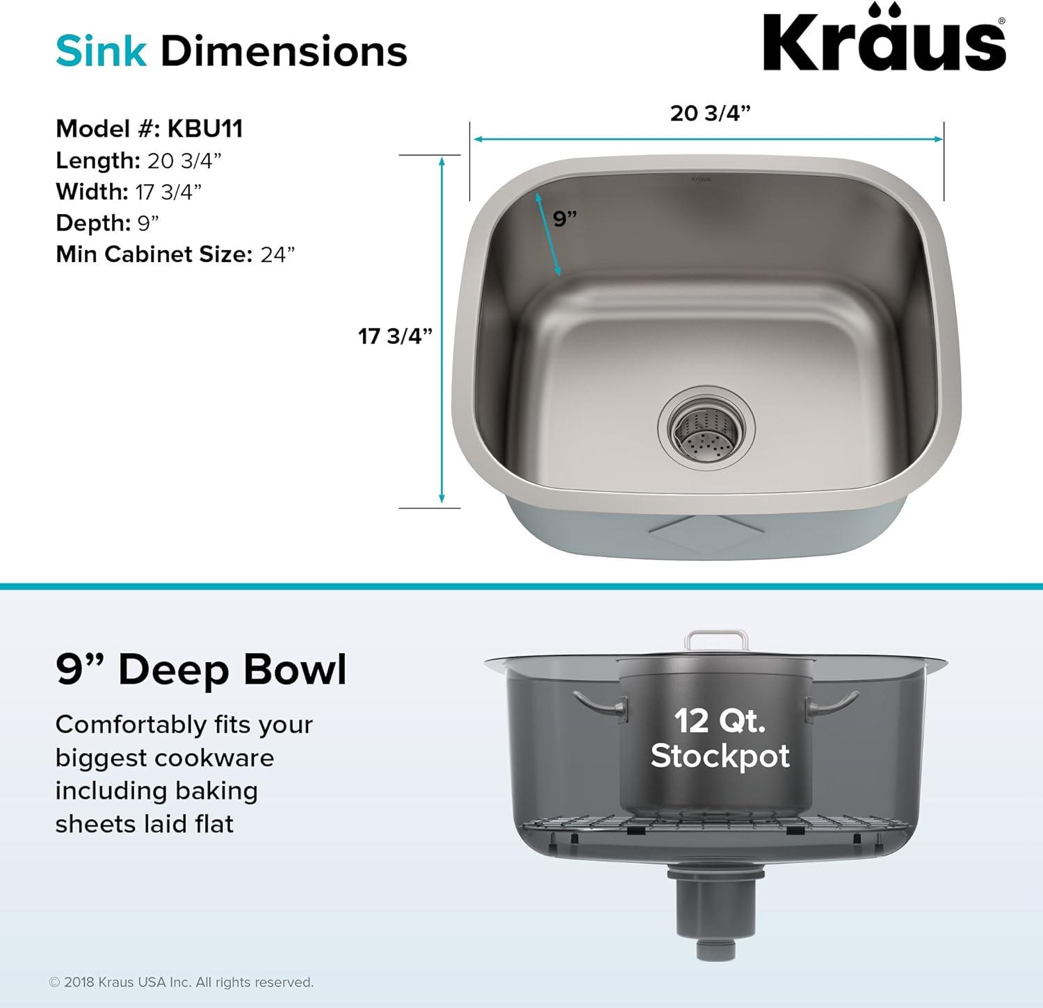 KRAUS Premier 16 Gauge Undermount Single Bowl Stainless Steel Kitchen Sink