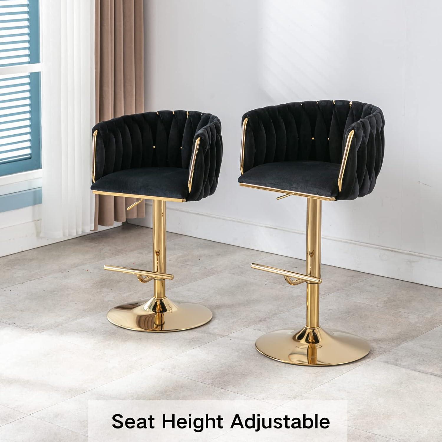 Velvet Bar Stools Set of 2, Counter Height Bar Stools with Low Back, Gold Swivel Barstools for Kitchen Island, Bar Pub (Grey)