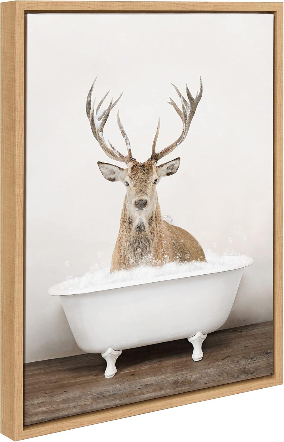 Natural Framed Canvas with Deer in Bathtub, 18" x 24"