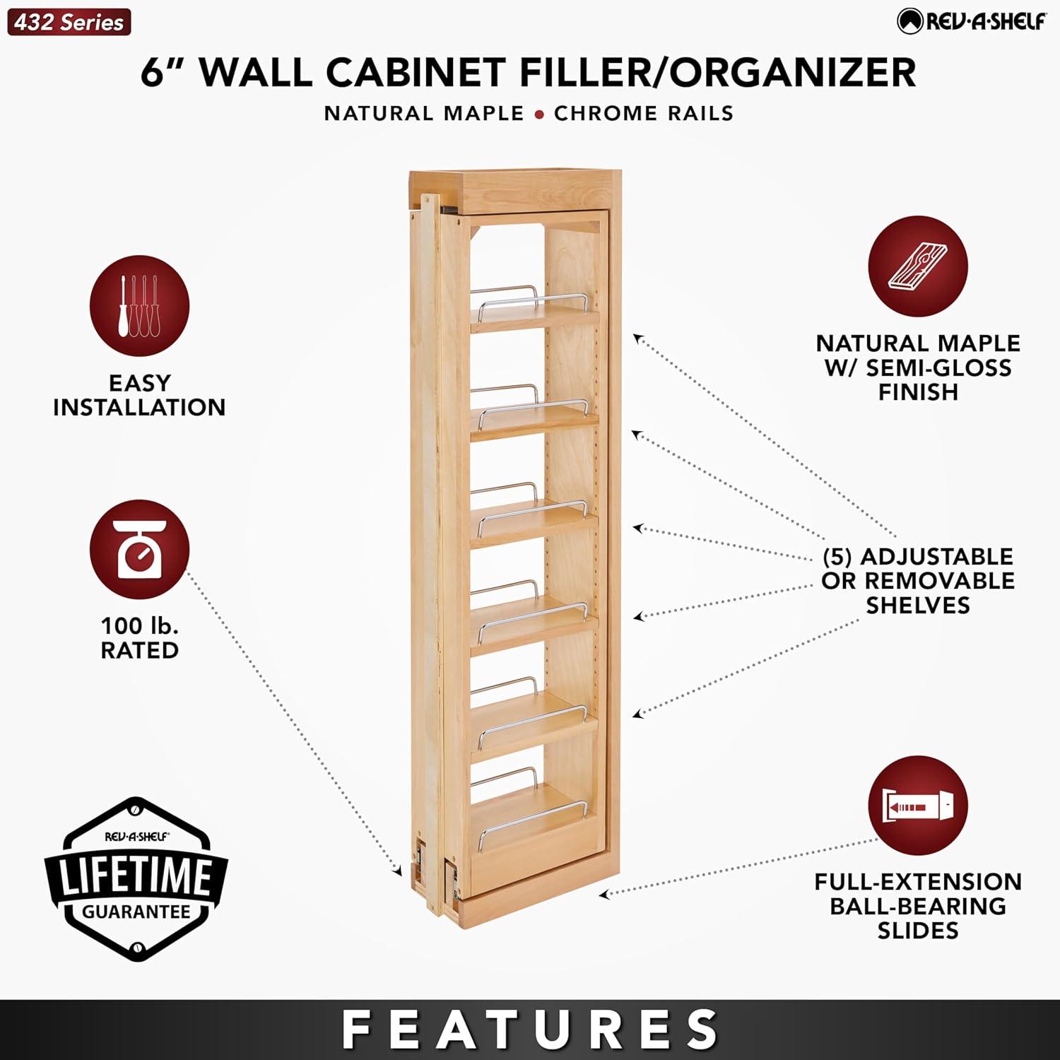 Rev-A-Shelf Pull Out Quad Shelf Organizer for Wall & Base Kitchen Cabinets, Full Extension Filler Spice Rack, Adjustable, Wood