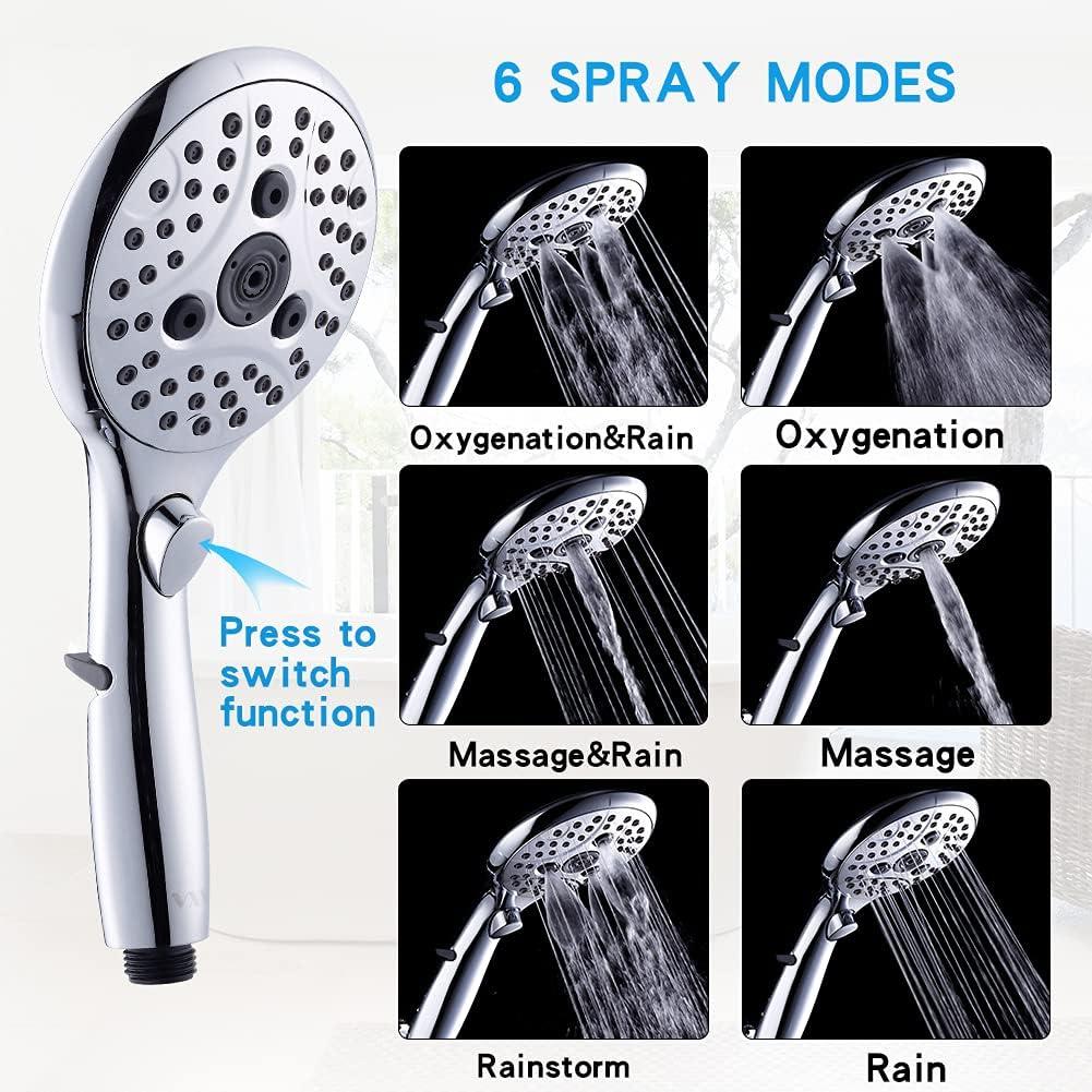 VXV Bathroom Handheld Shower Head with on off Switch, 6 Spray Setting Removable Hand Held Showerheads with 6 FT Stainless steel Hose and Adjustable Angle Bracket(Chrome)