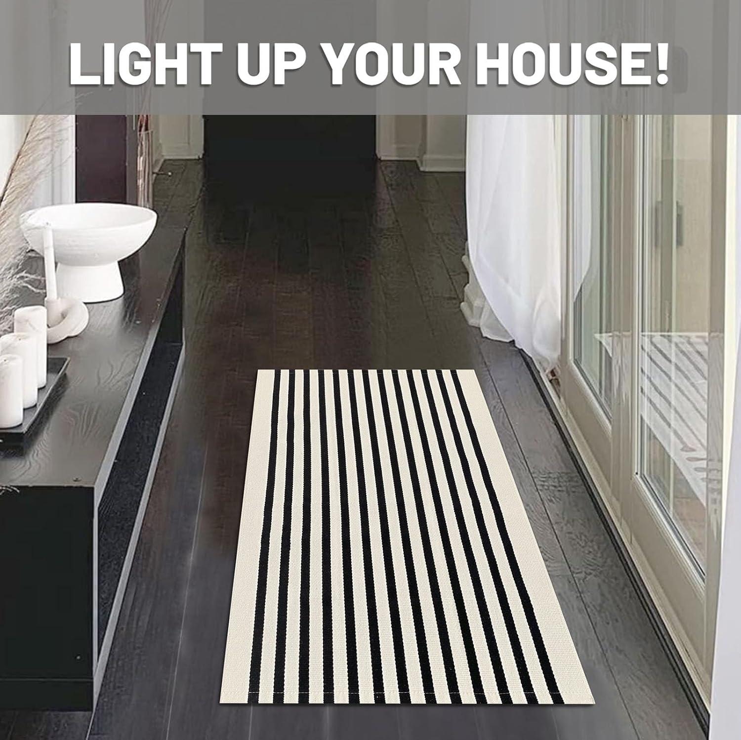 IOHOUZE Navy and White Striped Rug 2'x3' Front Door Rugs, Small Washable Area Rug for Front Porch, Spring Summer Doormats Outdoor Indoor, Cotton Rugs for Entryway Porch Entrance