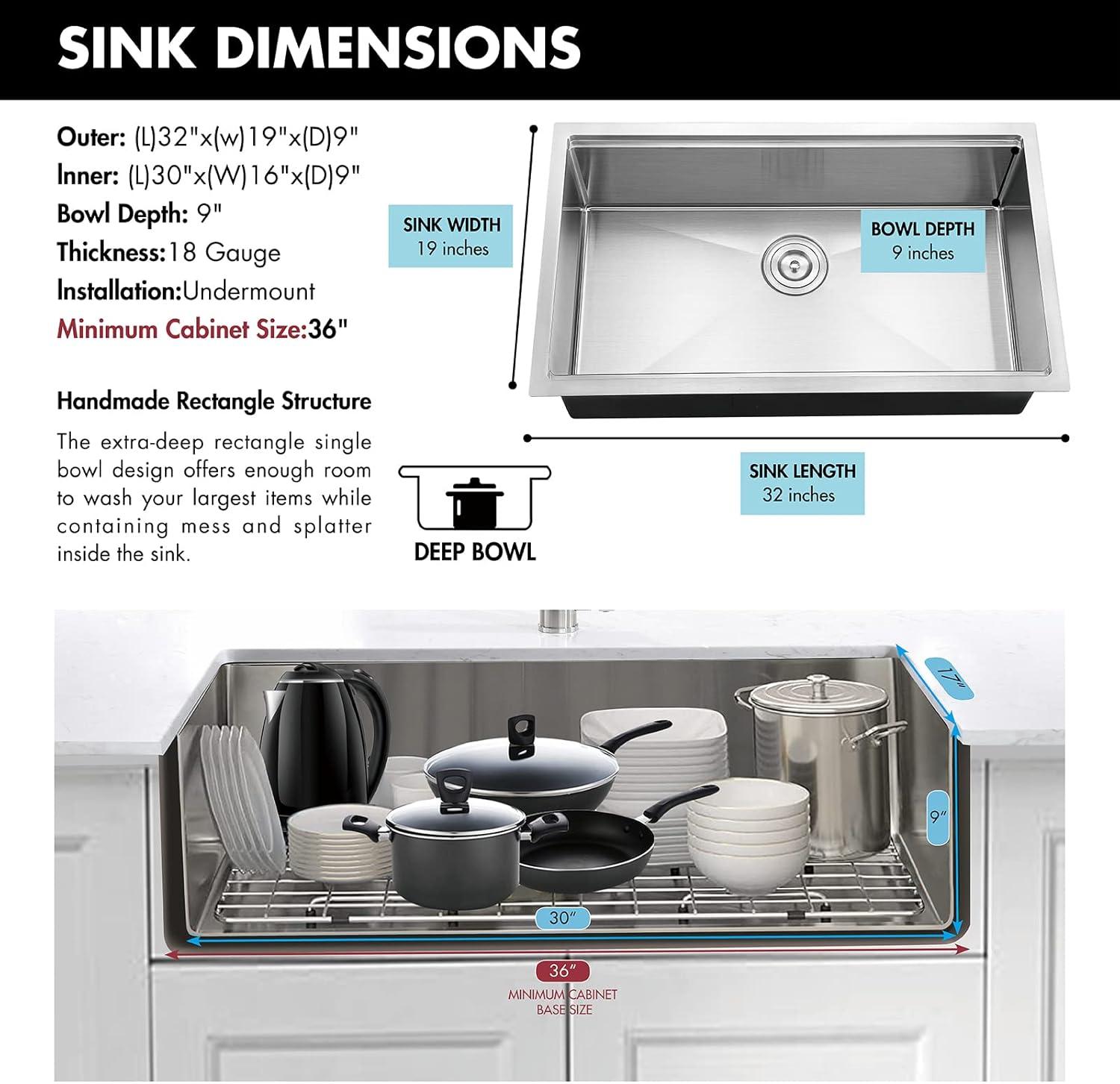 32'' L Undermount Single Bowl Stainless Steel Kitchen Sink