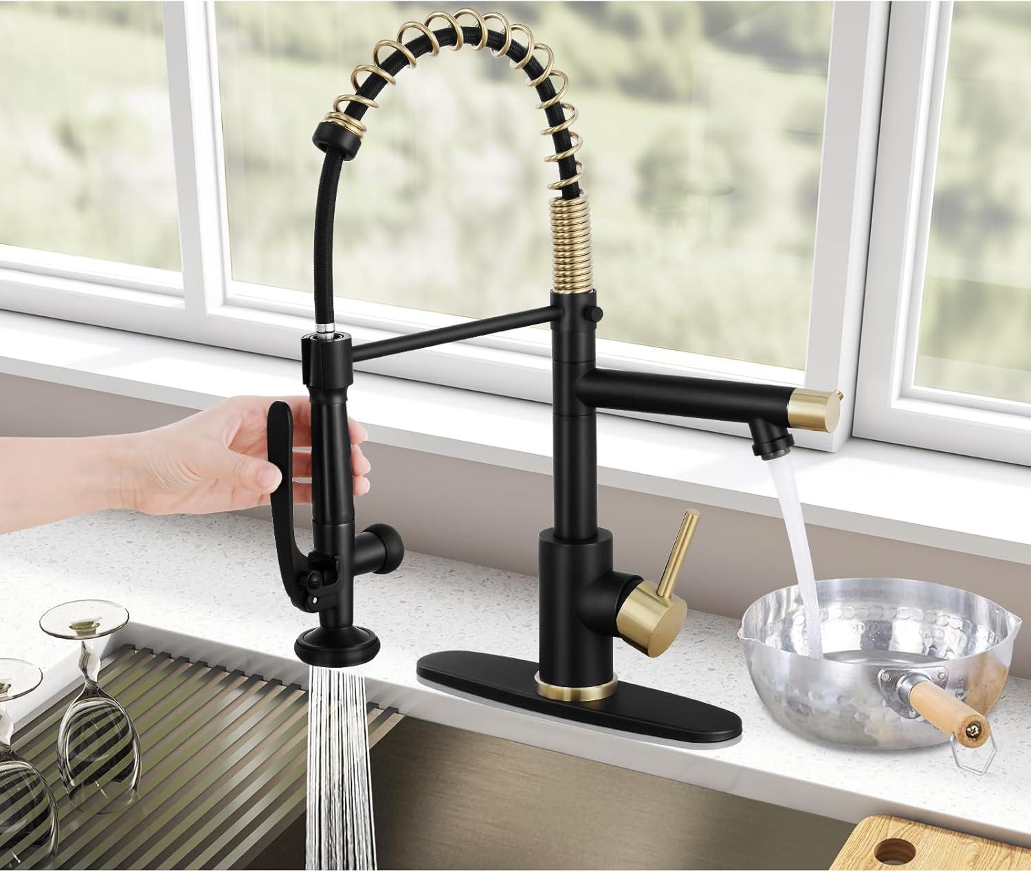 Matte Black and Gold Stainless Steel Pull Down Kitchen Faucet