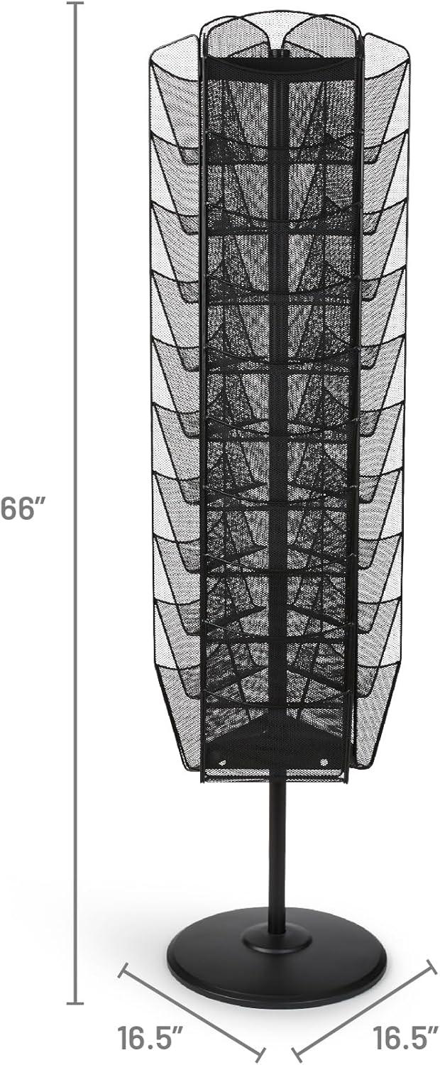 Black Powder-Coated Steel Mesh Rotating Magazine Stand with 30 Compartments