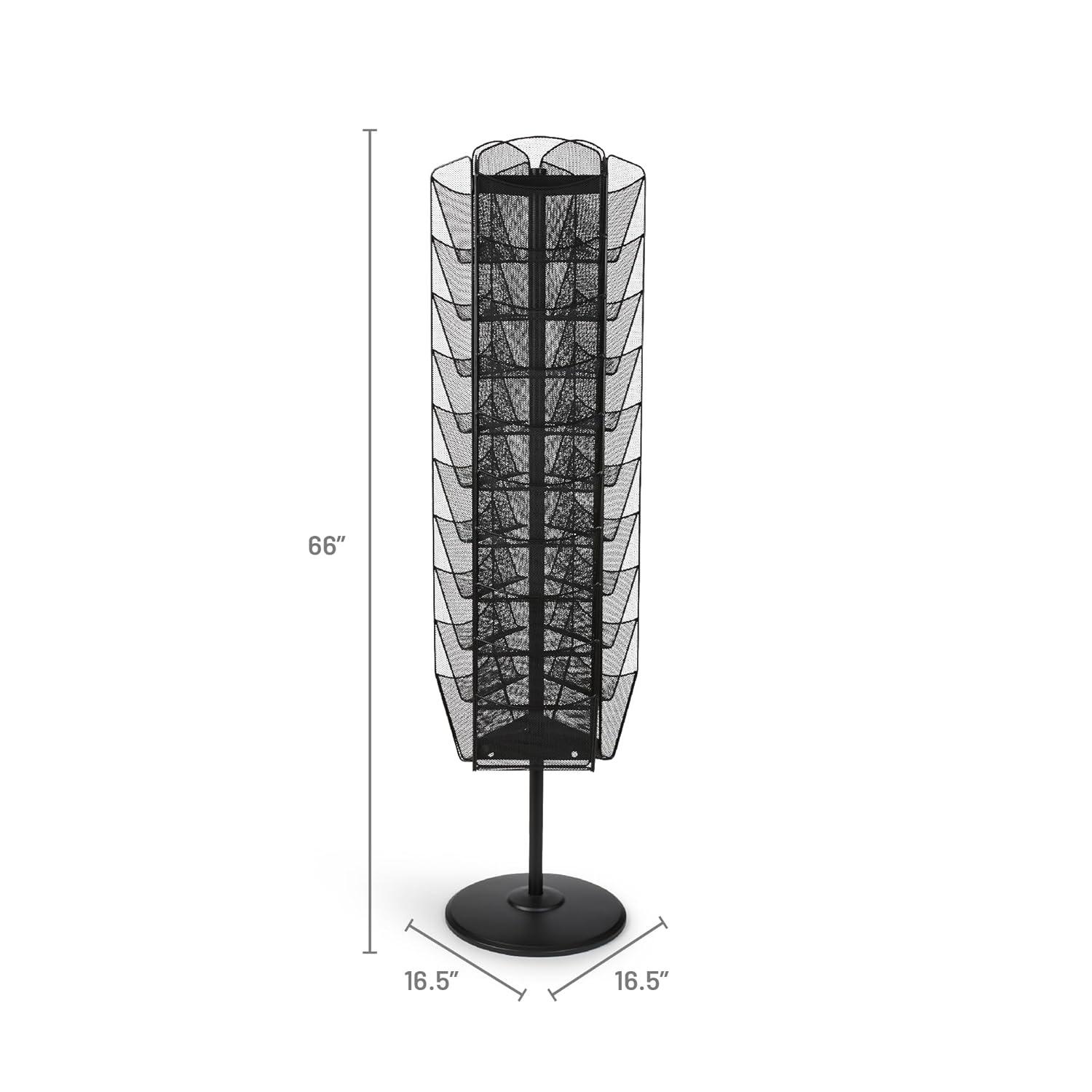 Black Powder-Coated Steel Mesh Rotating Magazine Stand with 30 Compartments