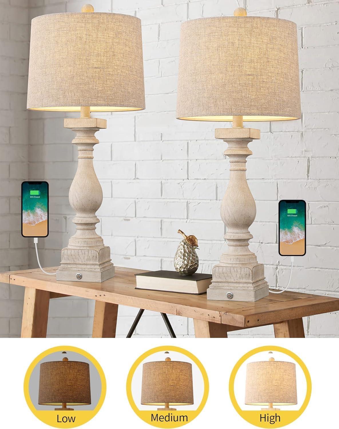 27" Farmhouse 3-Way Dimmable Touch Control Table Lamp Set of 2 with USB A &USB C Charging Ports for Bedroom Living Room Vintage Rustic Traditional Nightstand Bedside Lamps (2 Bulbs Included)