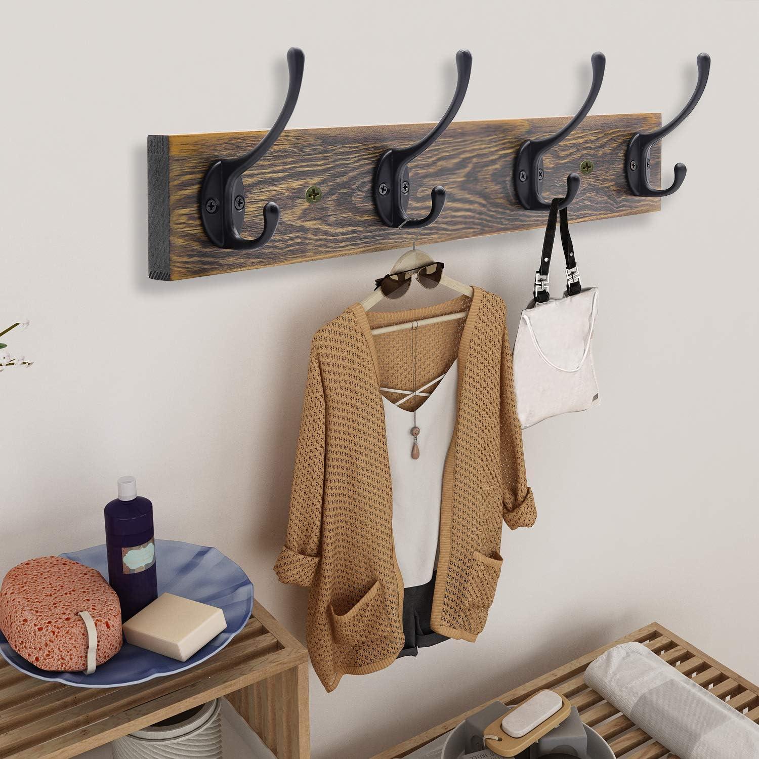 Futeen Wall Mounted Wooden Coat Rack with 4 Black Zinc alloy Hooks