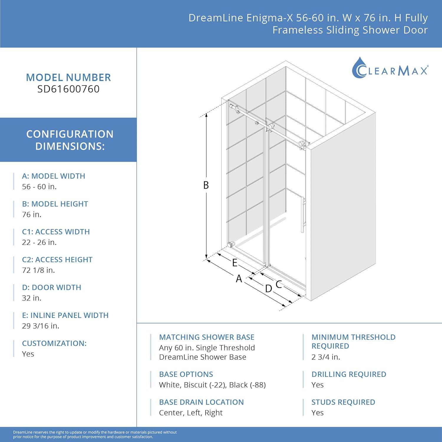 56"- 60" W x 76" H Single Sliding Frameless Shower Door with ClearMax Glass Treatment