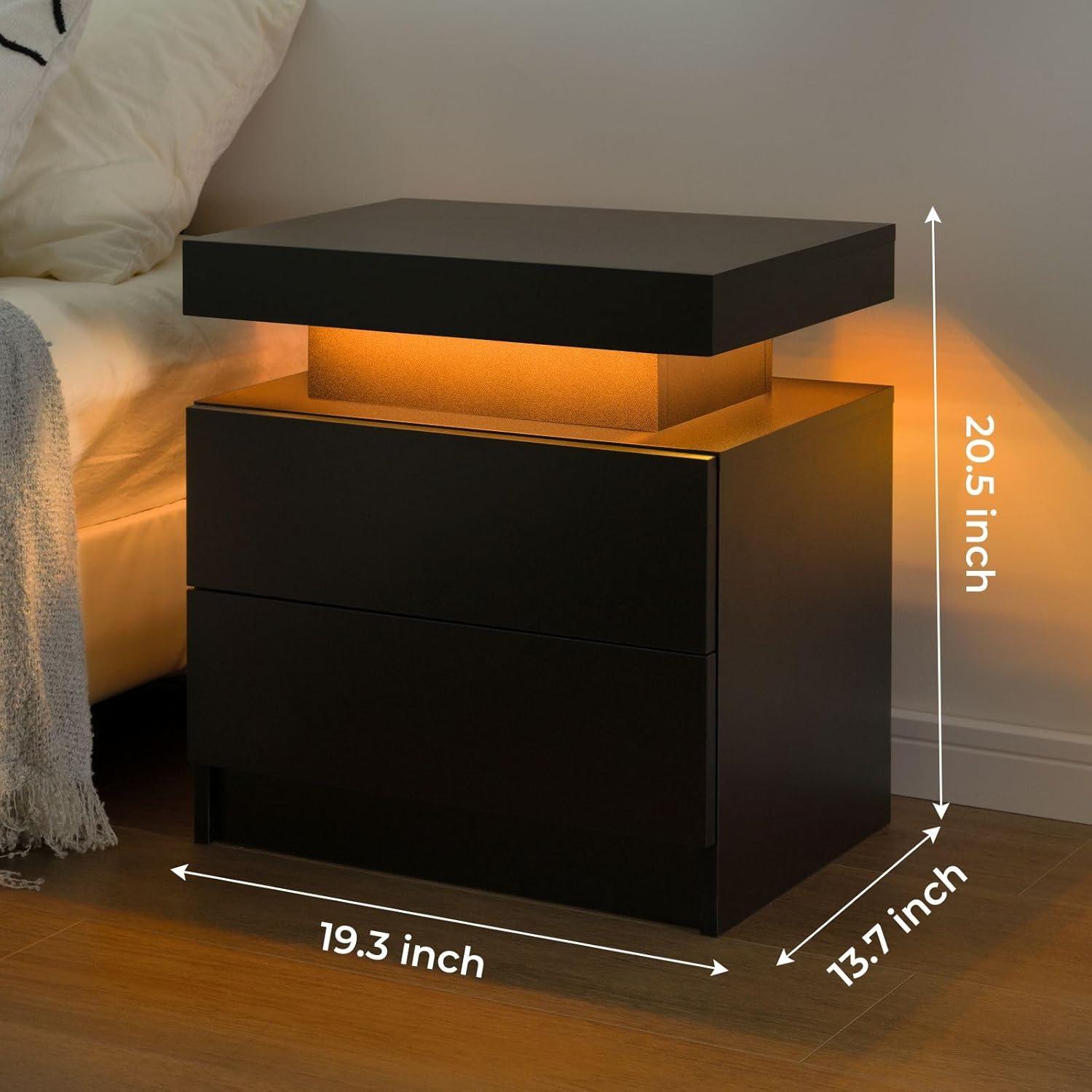 Black Modern LED Nightstand Set with 2 Drawers