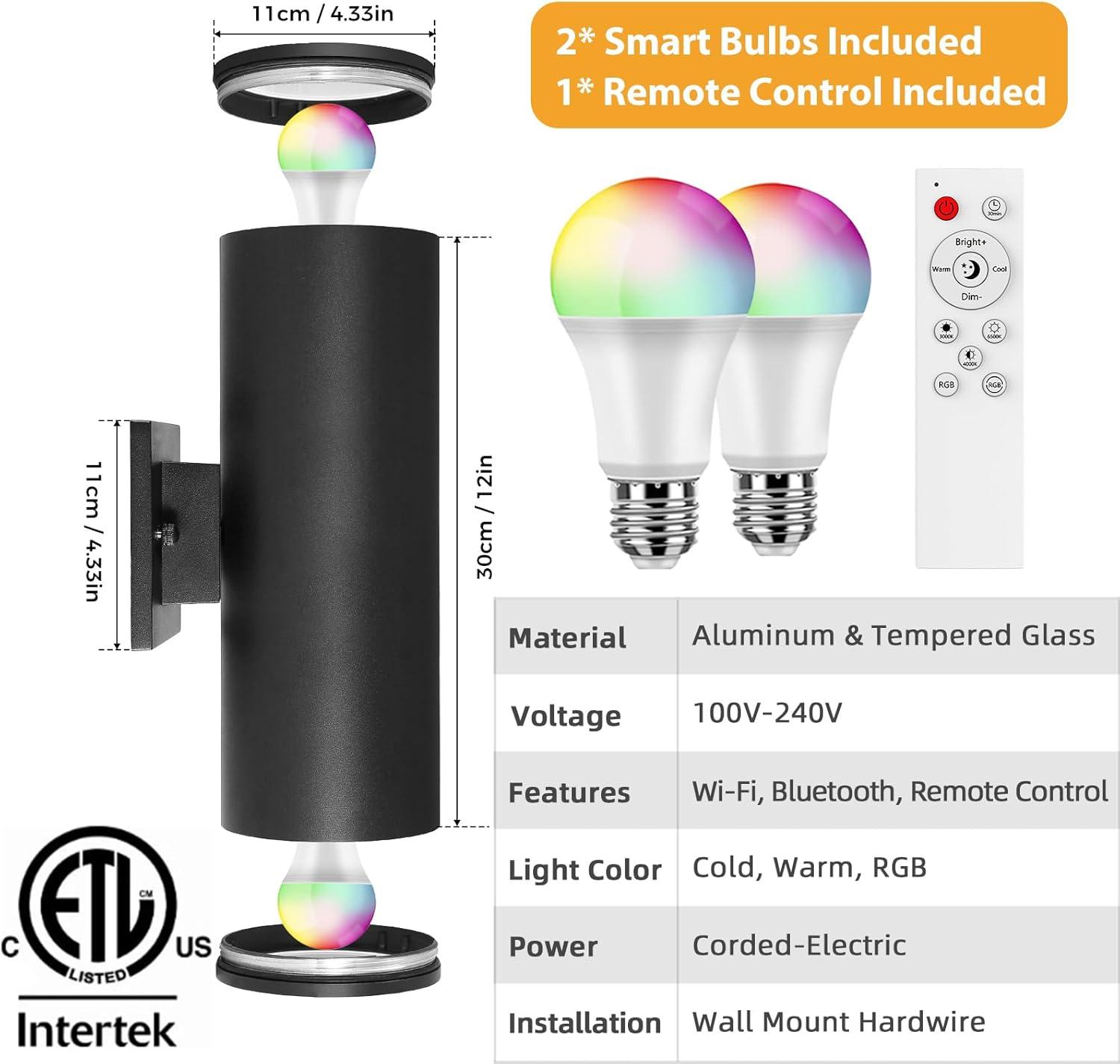 Modern RGB Outdoor Light, 2700K-6500K Ambience Outdoor Wall Sconce Color Changing, Wifi App Control Up Down Lights, Smart Exterior Wall Light For House Porch, Works With Alexa Google Assistant