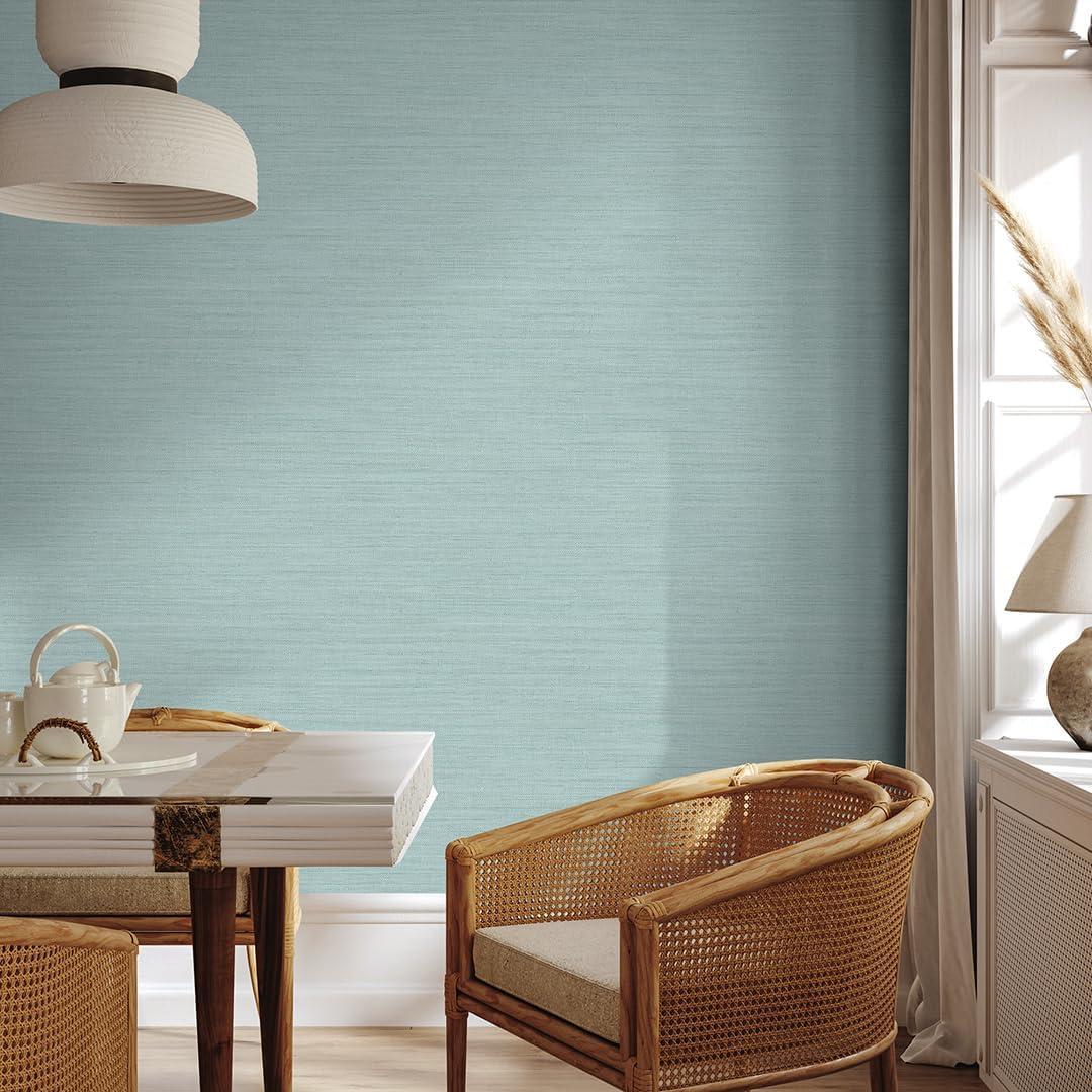 Tempaper & Co.® Faux Horizontal Grasscloth Removable Peel and Stick Wallpaper, Textured Seaglass, 28 sq. ft.: Vinyl, Prepasted