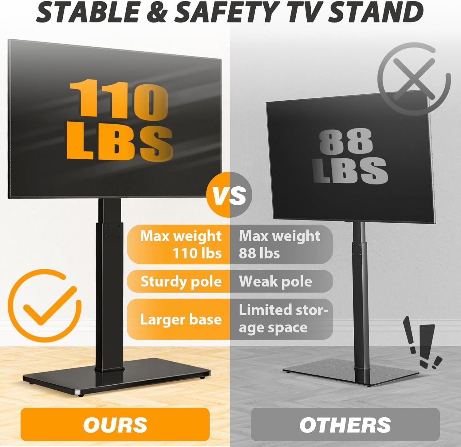 TAVR Universal Floor TV Stand Base for 32-75 Inch TVs up to 110 Lbs with Swivel Height Adjustable Mount, Black Tempered Glass Base for Media Storage and Space Saving