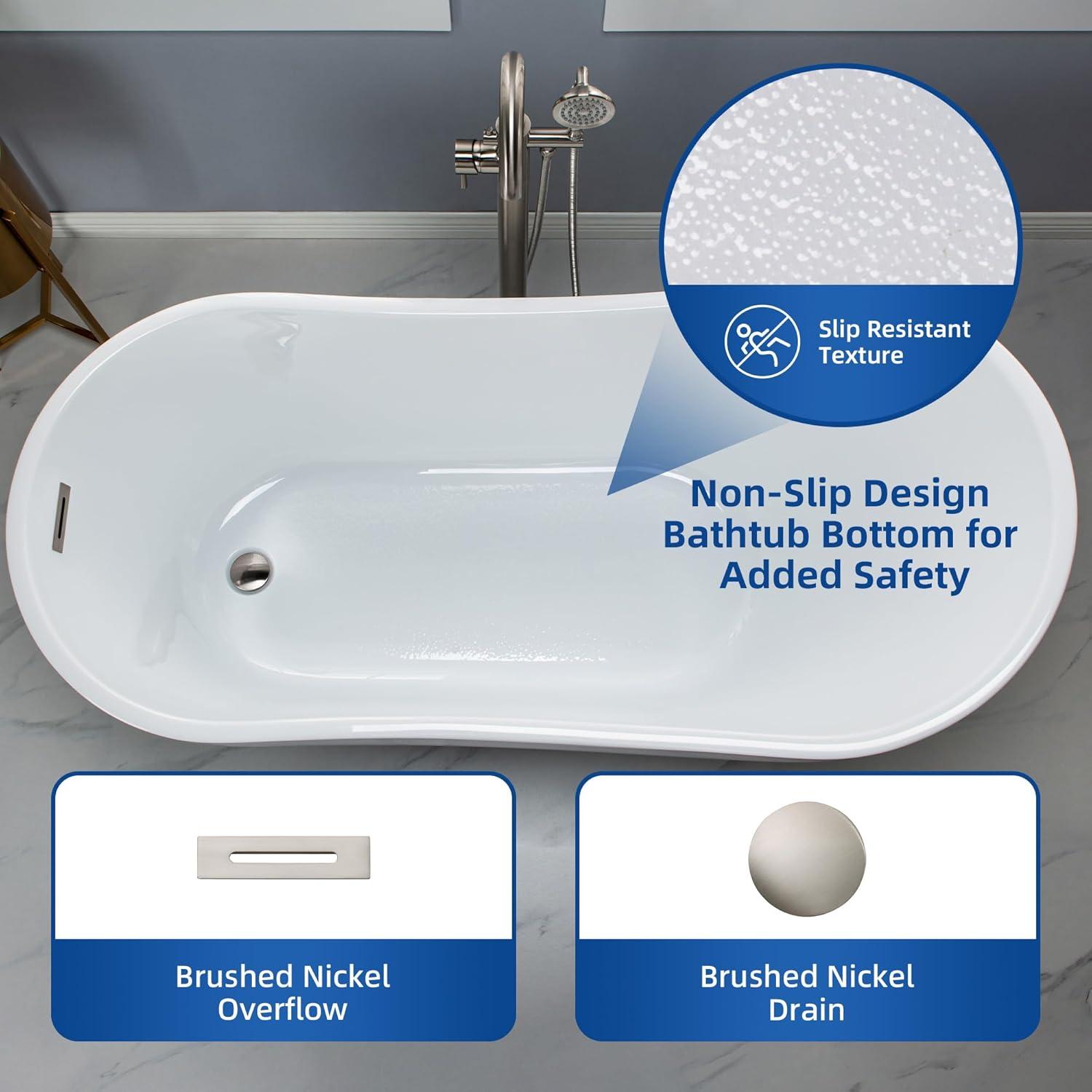WOODBRIDGE 59" Acrylic Freestanding Bathtub Contemporary Soaking White Tub with Brushed Nickel Overflow and Drain,B1530-BN