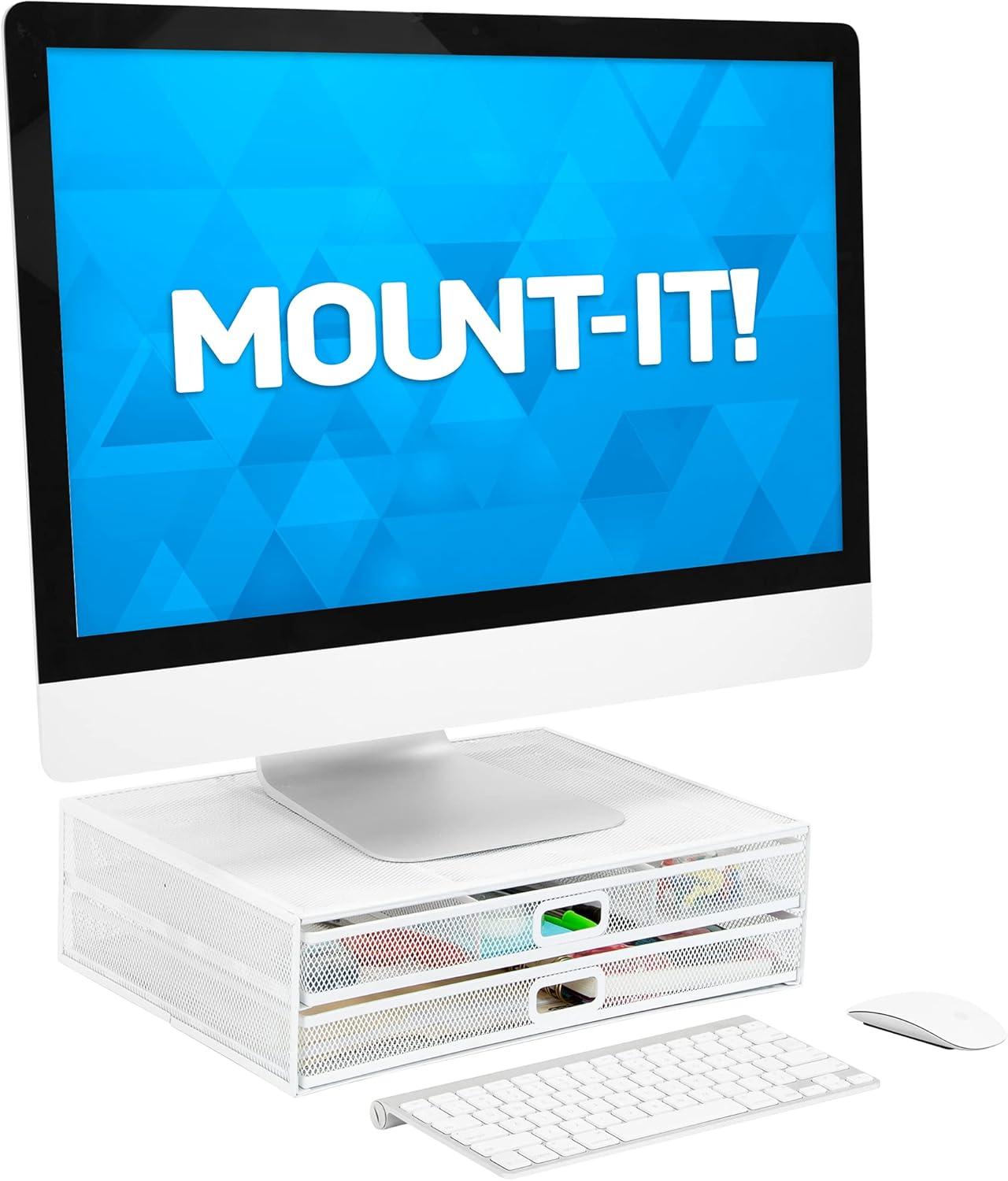 Mount-It! Computer Monitor Stand With Drawers, Metal Mesh Riser & Organizer For Laptop and Computer