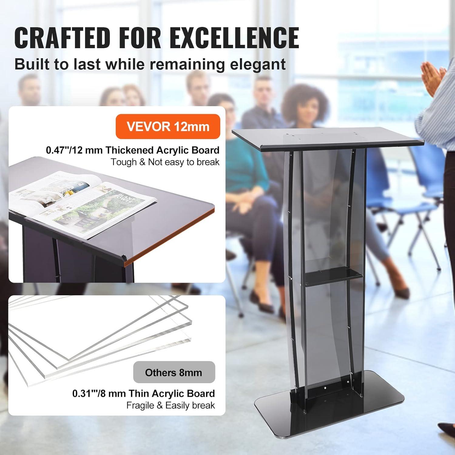 BENTISM Acrylic Podium Acrylic Pulpit 47" Acrylic Podium Stand w/ Wide Reading Surface Storage Shelf Floor-Standing Plexiglass Lectern Stand-Up Podium Conference Lectern for Church Office School Black