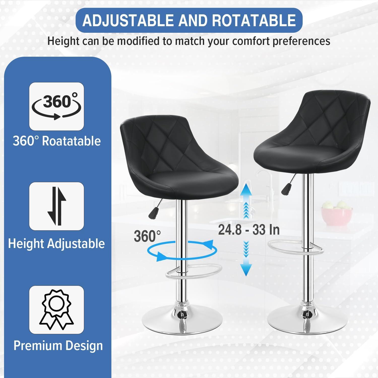 MarketLane Bar Stools Set of 2,Modern PU Leather,Armless with Backrest Swivel Bar Stools,Height Adjustable Swivel Barstool Hydraulic Island Bar Stools Armless Kitchen Counter Bar Chairs,Black