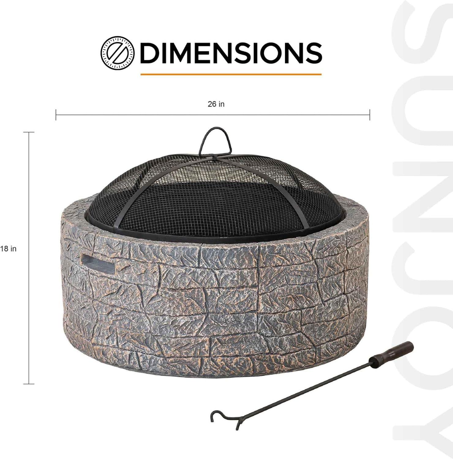 Sunjoy Stone Fire Pit 26 Inch, Outdoor Round Wood Burning Fire Pits with Spark Screen and Poker Grey