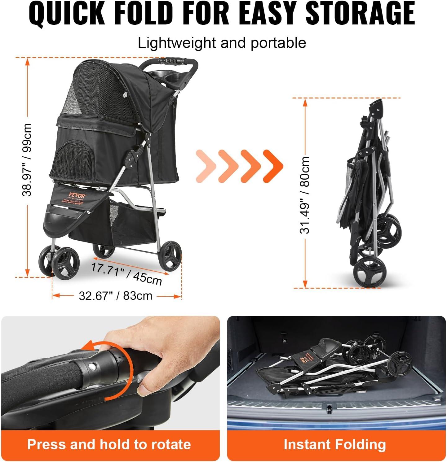 Black 3-Wheel Folding Pet Stroller with Storage Basket