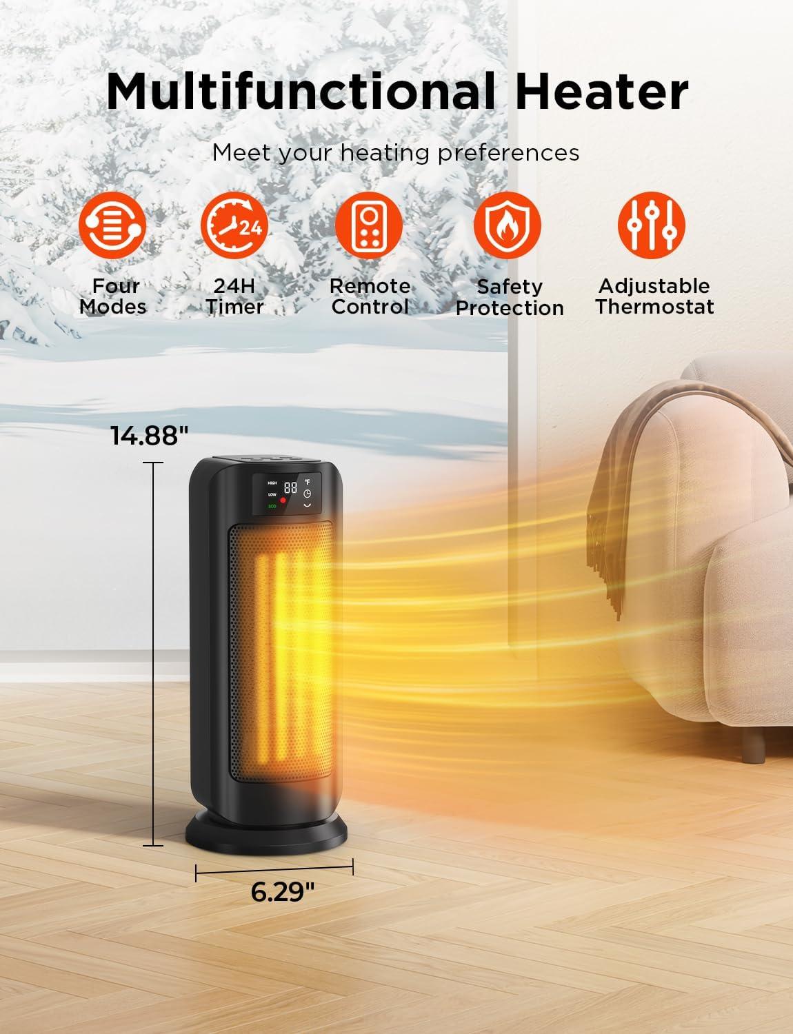 Black Ceramic Electric Tower Heater with Thermostat and Oscillation