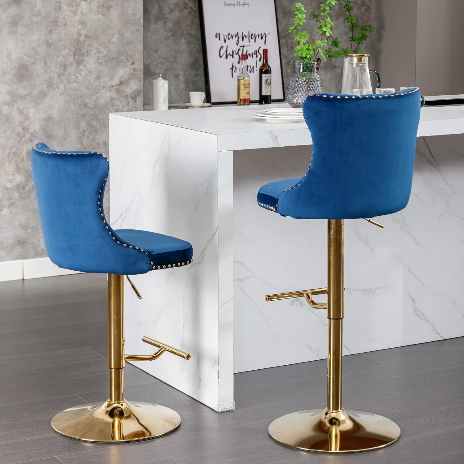 Sesslife Swivel Counter Height Bar Stools Set of 2, Upholstered Velvet Fabric High Bar Chairs with Golden Nail Trim, Adjustable Seat Height, Barstools with Back and Footrest for Kitchen Island, Blue
