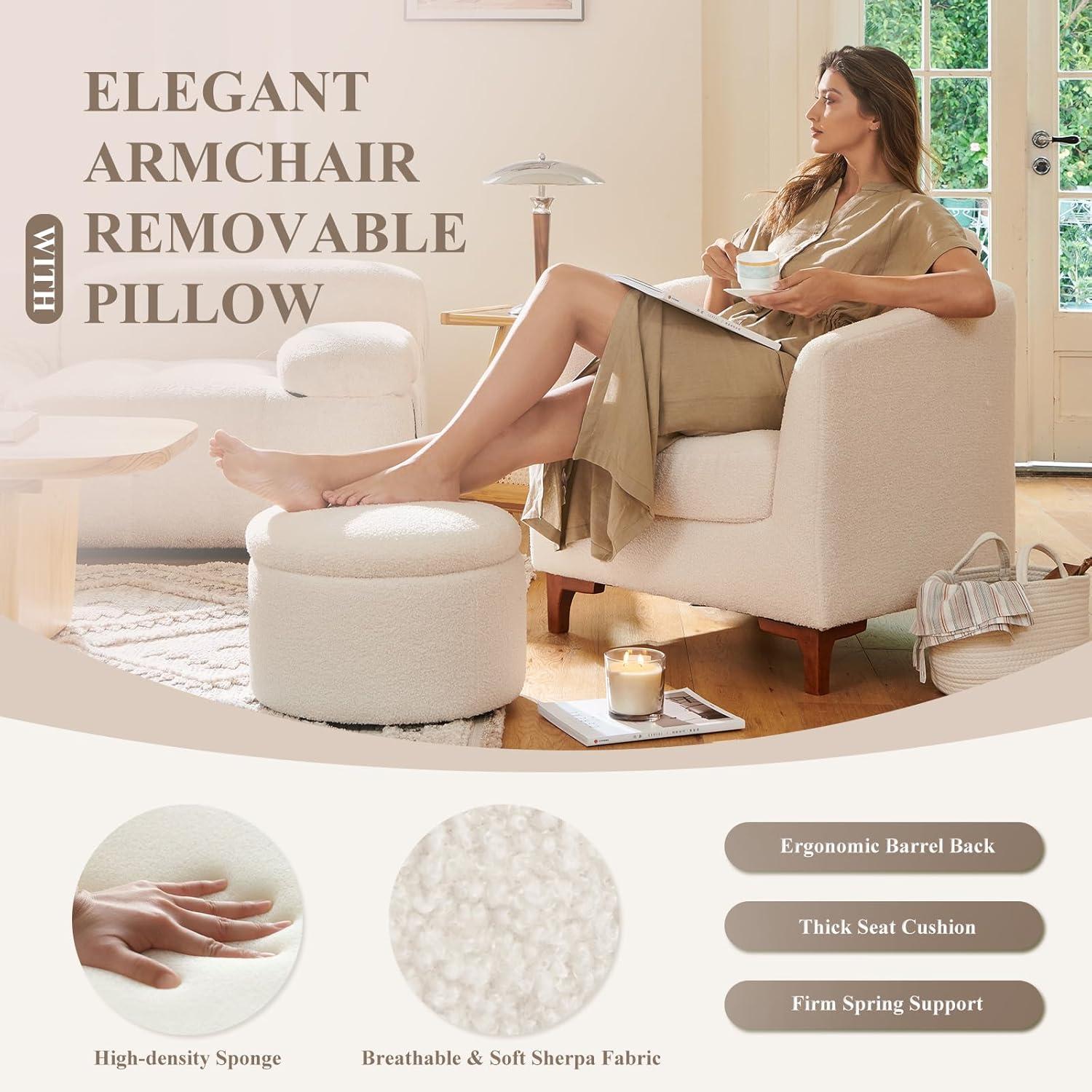 COLAMY Sherpa Accent Chair with Storage Ottoman, Modern Upholstered Living Room Chair with Foot Rest, Armchair with Back Pillow and Wooden Legs for Living Room, Bedroom, Reading Nook, Classic Cream