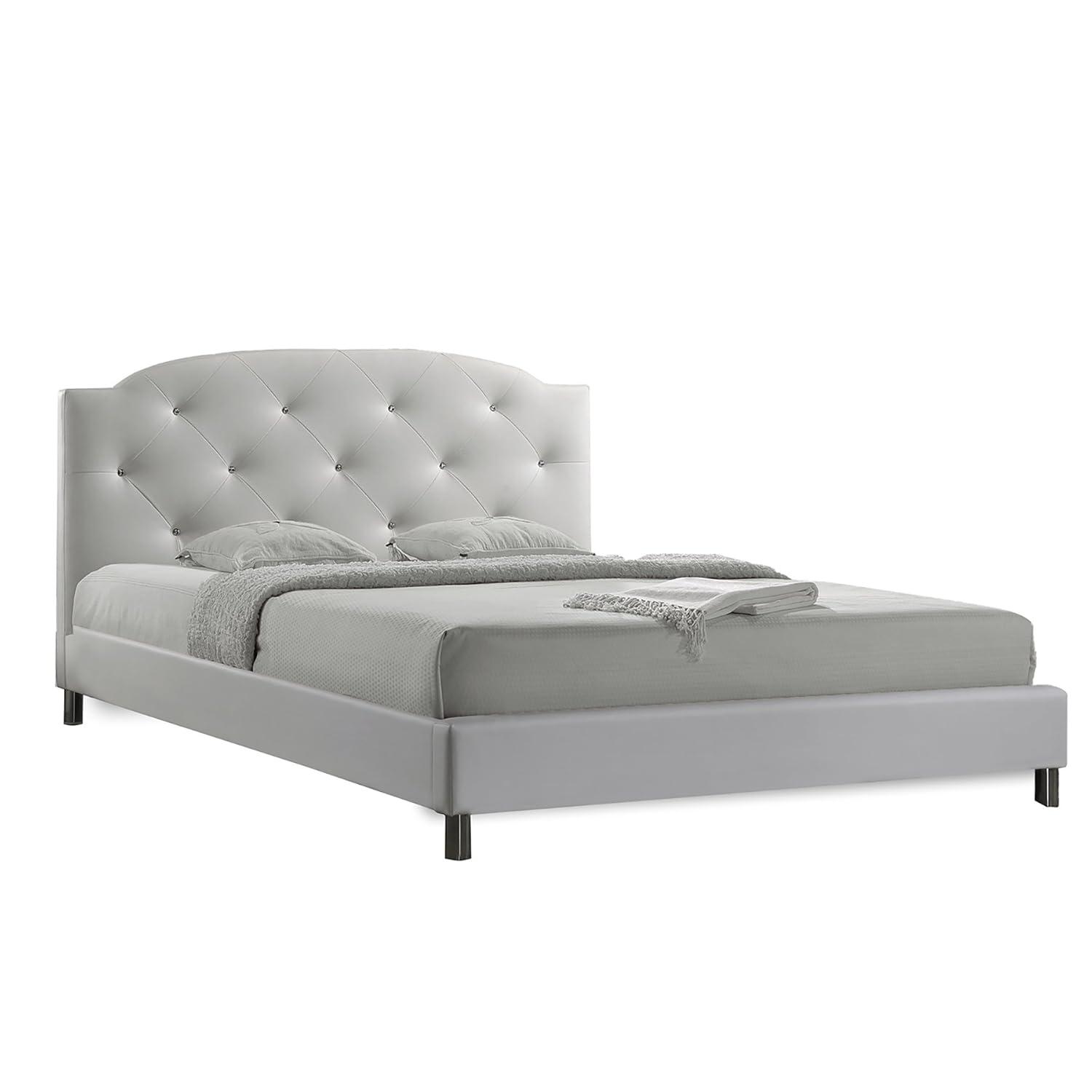 Full Canterbury Leather Contemporary Bed White - Baxton Studio: Crystal Tufted, Chrome Legs, No Box Spring Required