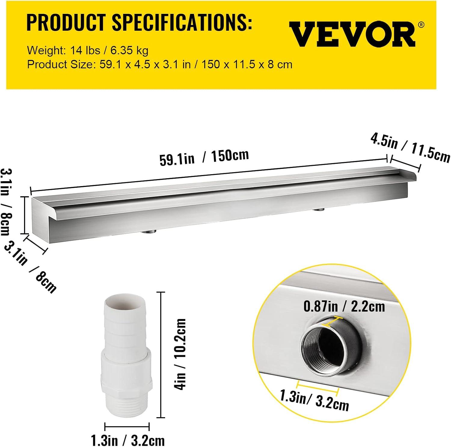 VEVOR Pool Fountain Stainless Steel Pool Waterfall Spillway with Pipe Connector Rectangular Garden Outdoor (59.1")