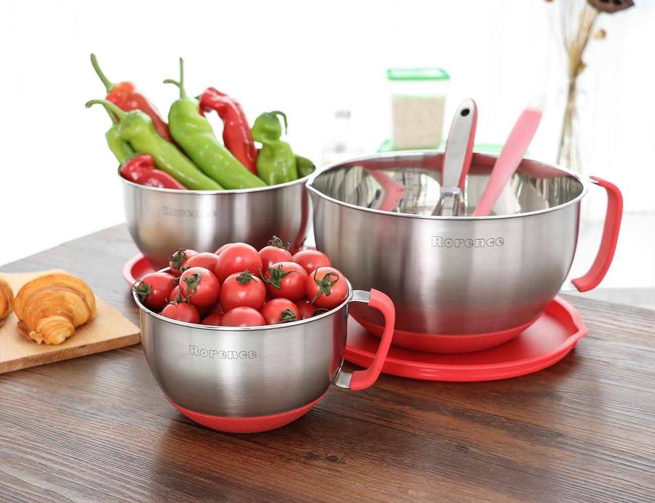 Stainless Steel Mixing Bowl Set with Red Silicone Lids