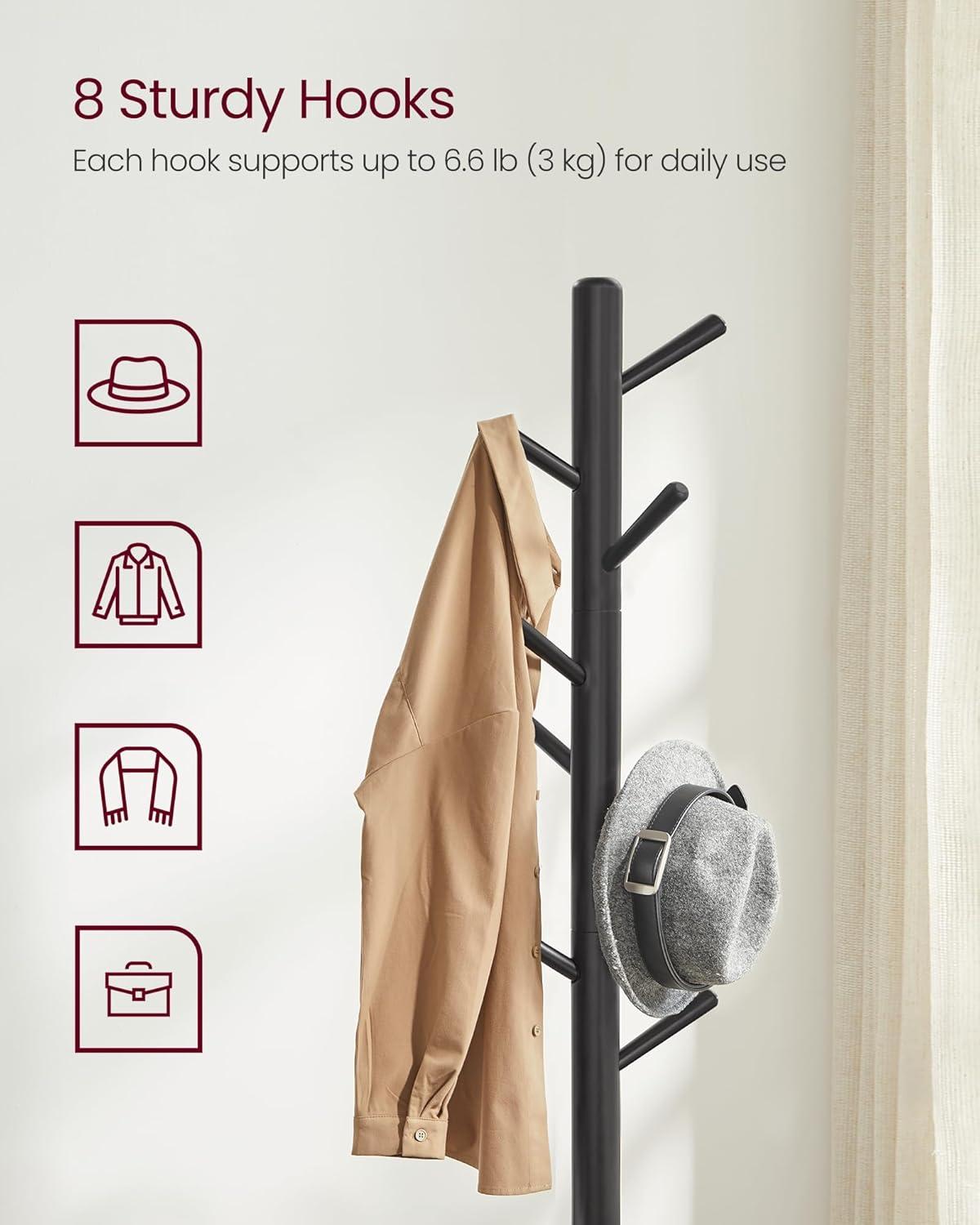 VASAGLE 8 Hooks Solid Wood Coat Rack Free Standing Coat Rack Tree-Shaped Coat Rack Black