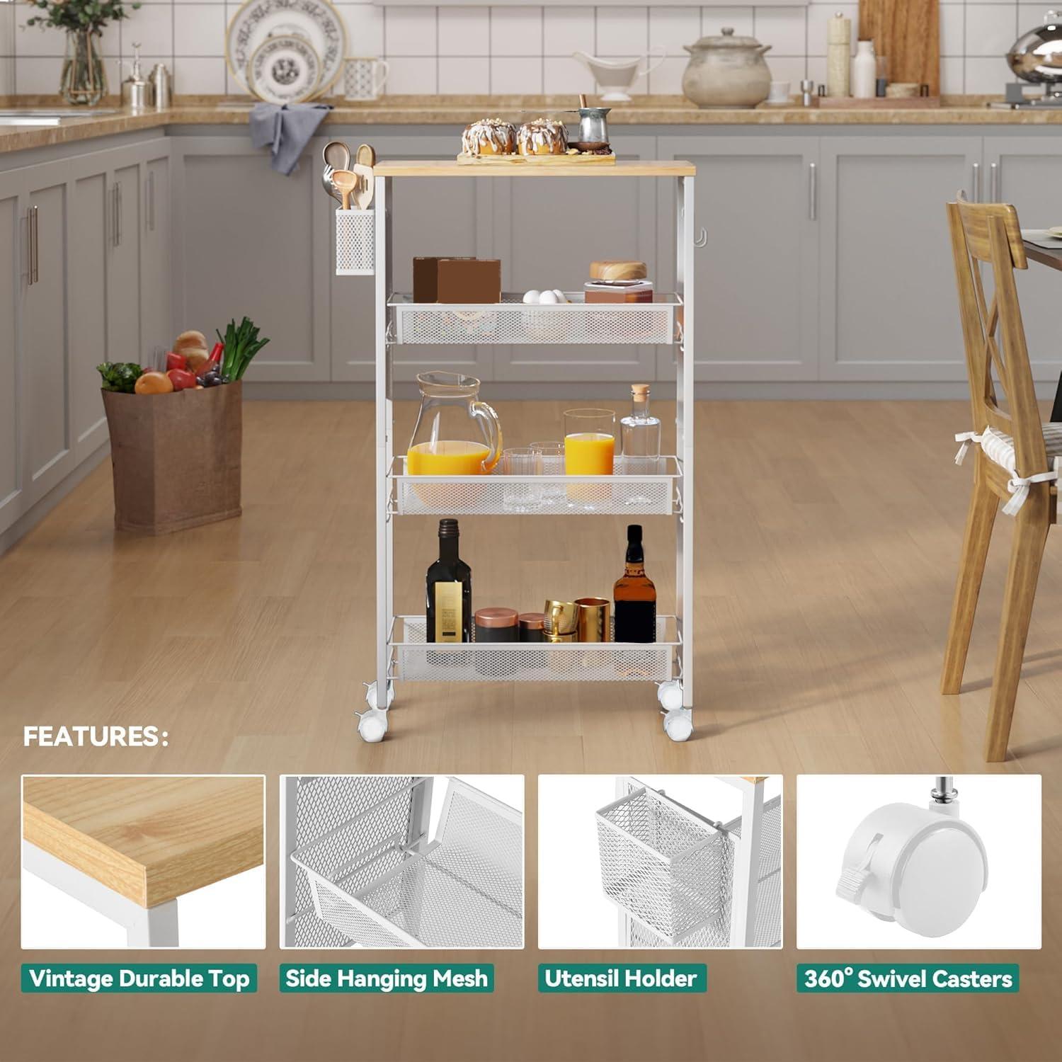 DWVO 4-Tier Slim Rolling Cart on Wheels, 34" Wooden Tabletop Kitchen Storage Organizer Cart with Wire Mesh Baskets, Slide-Out Storage Cart for Kitchen, Bathroom Living Room (White)