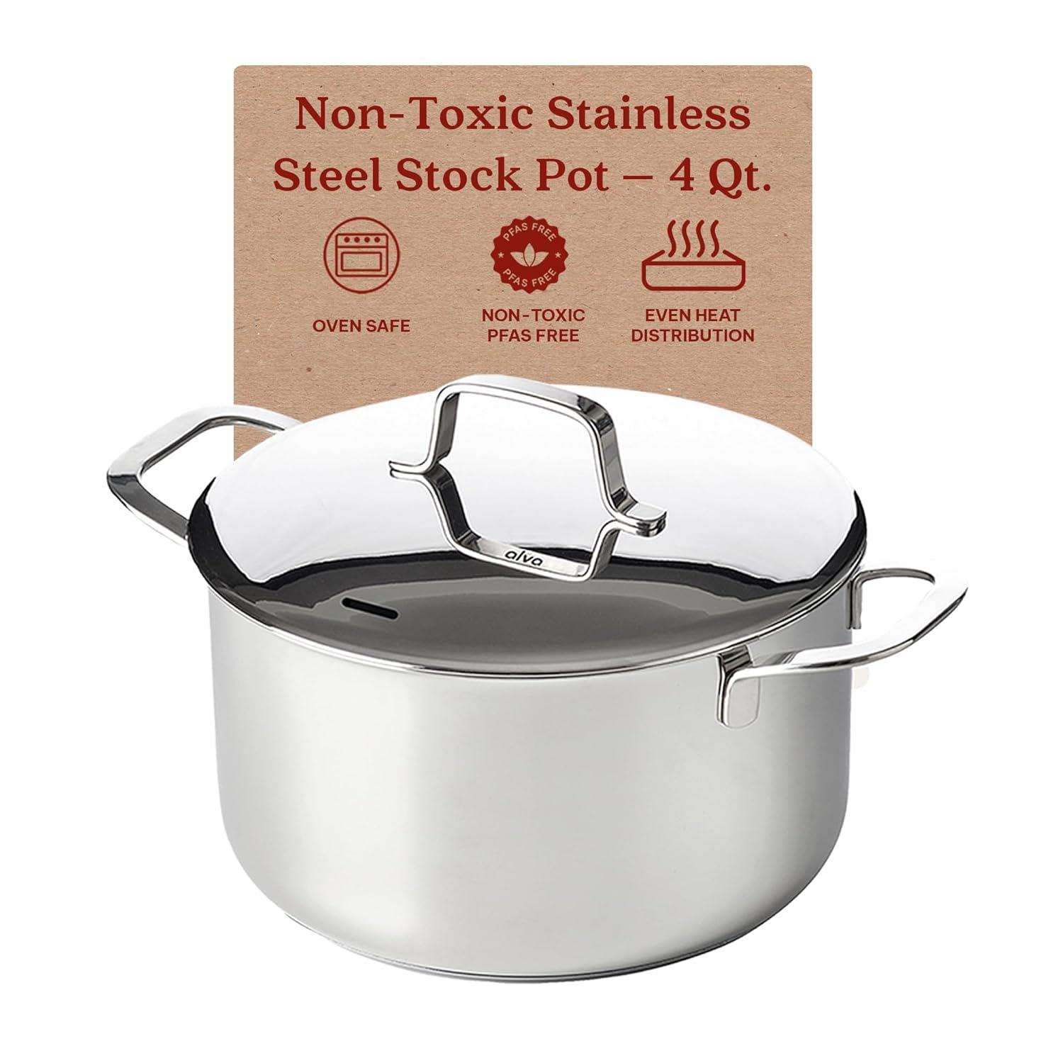 Alva Maestro Stainless Steel Casserole Dish Pot with Lid Non Toxic Soup & Stock Pot PFAS, PFOA & PFTE Free, Kitchen Pot, Pasta Pot, Canning Pot, Induction Safe, Add to Your Pots and Pans Set