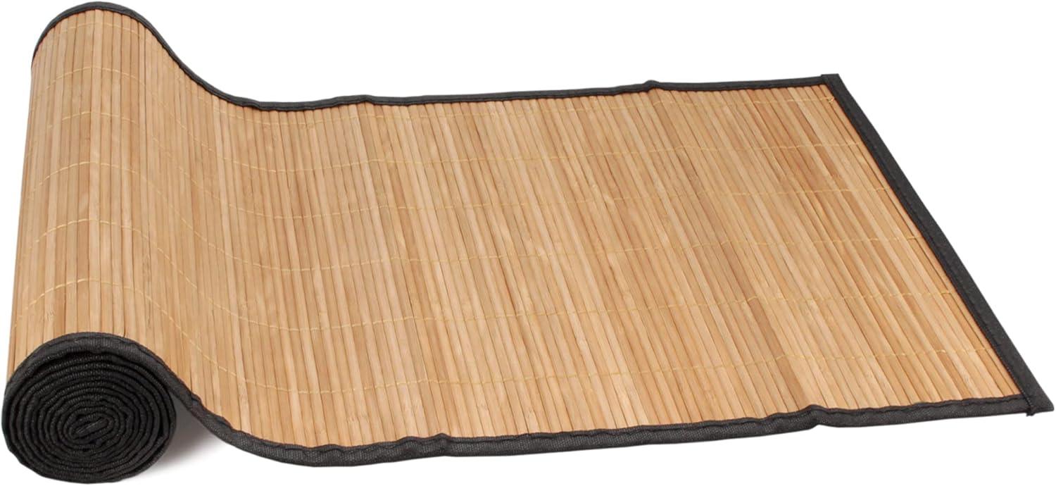 BambooMN Slat Bamboo Table Runner with Fabric Border, Home Décor, Brown w/ Black Border - 1 Piece