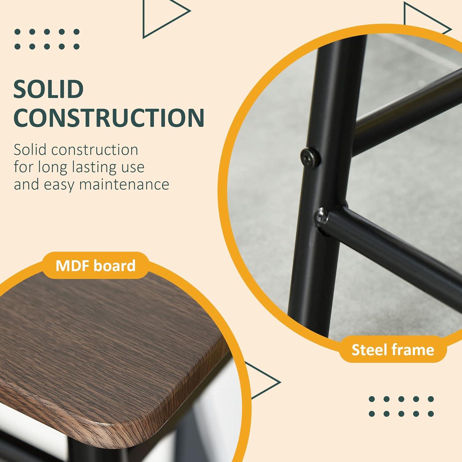 HOMCOM 3 Piece Counter Height Bar Table and Chairs Set, Space Saving Dining Table with 2 Matching Stools, Storage Shelf Metal Frame Footrest, Black